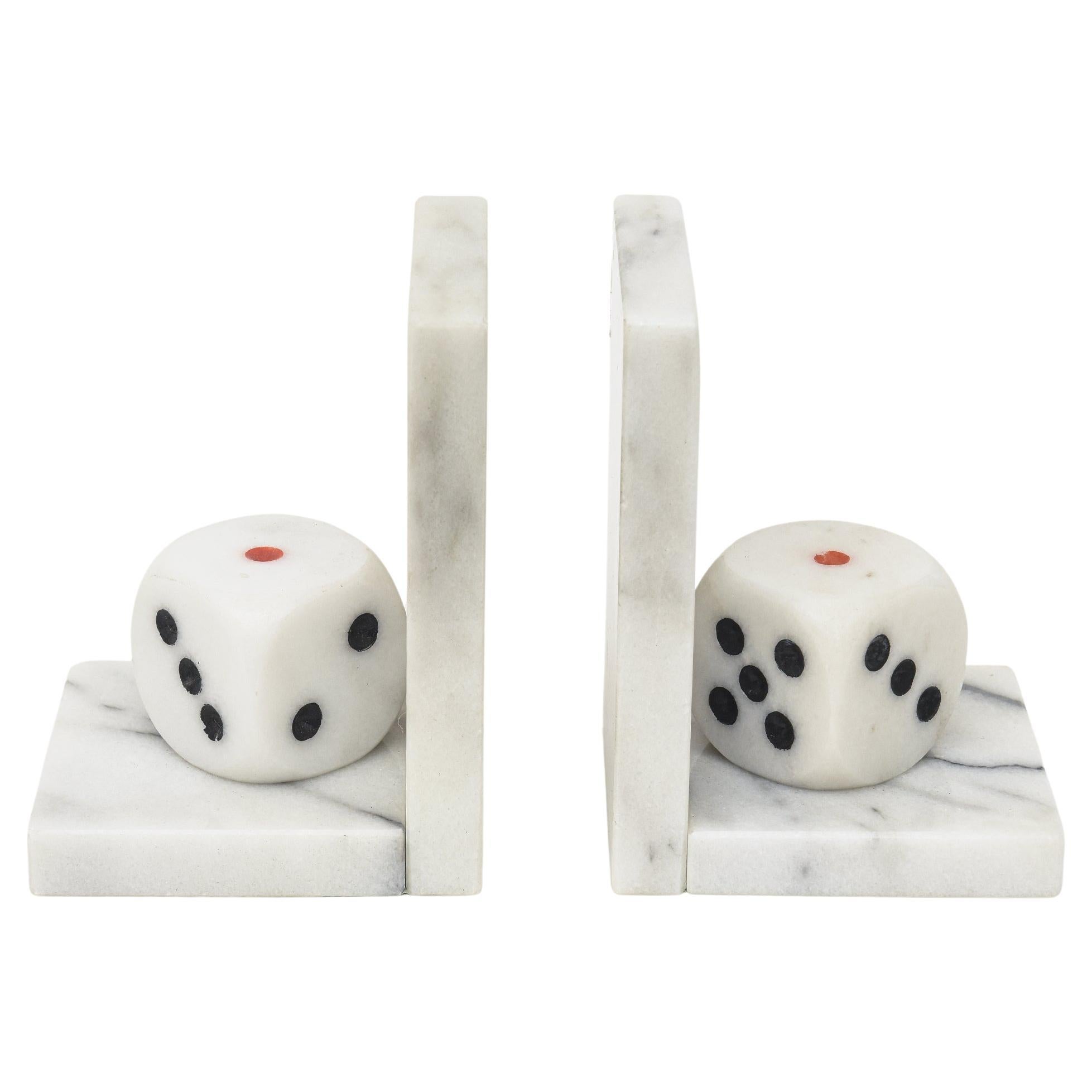 Vintage Italian White Carrara Marble, Red and Black Dice Bookends Pair Of