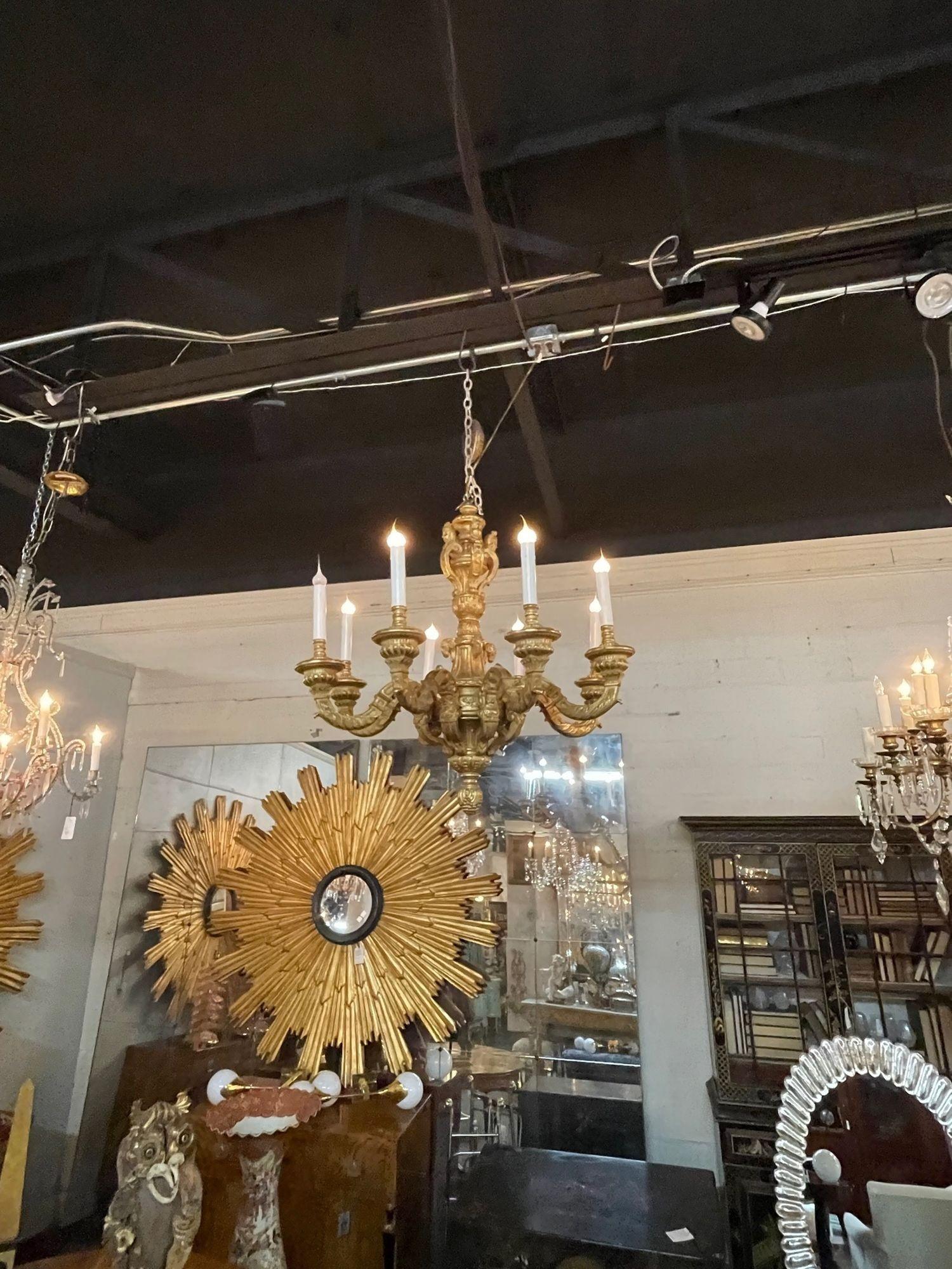 Vintage Italian Carved and Giltwood 6 Arm Chandelier For Sale 2
