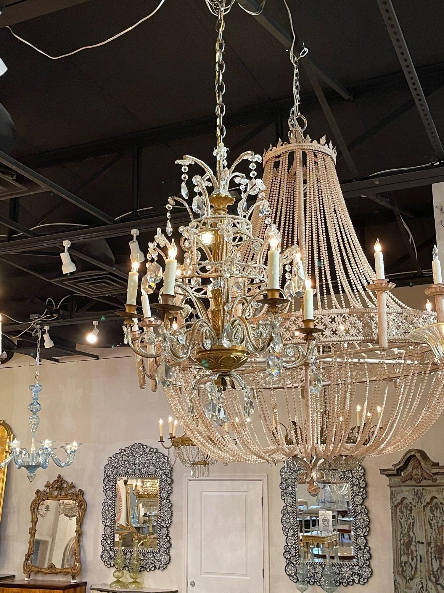 Vintage Italian Carved and Giltwood Beaded Crystal Chandelier In Good Condition For Sale In Dallas, TX