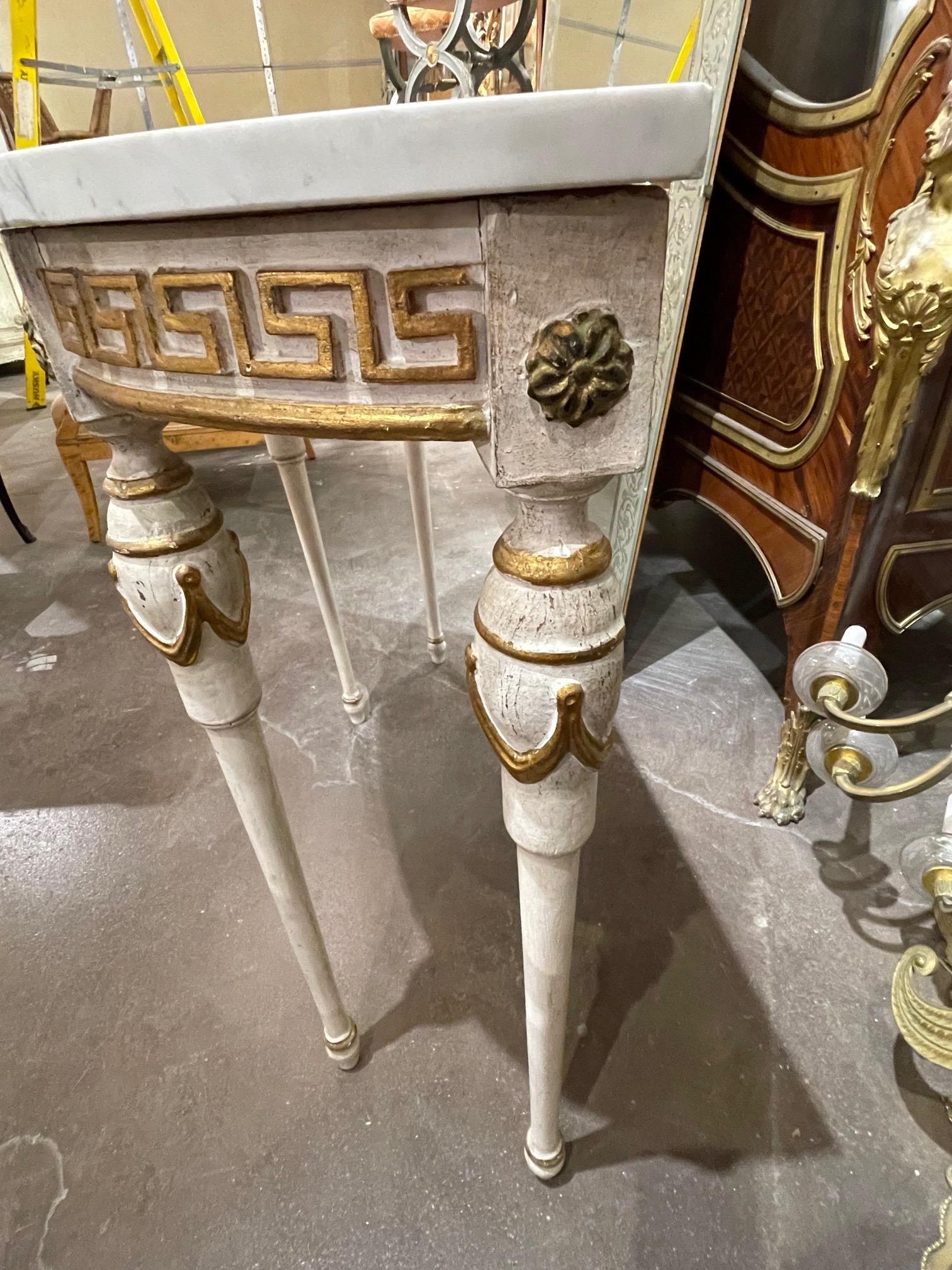 Carrara Marble Vintage Italian Carved and Painted Demi-Lune Table with Greek Key Pattern
