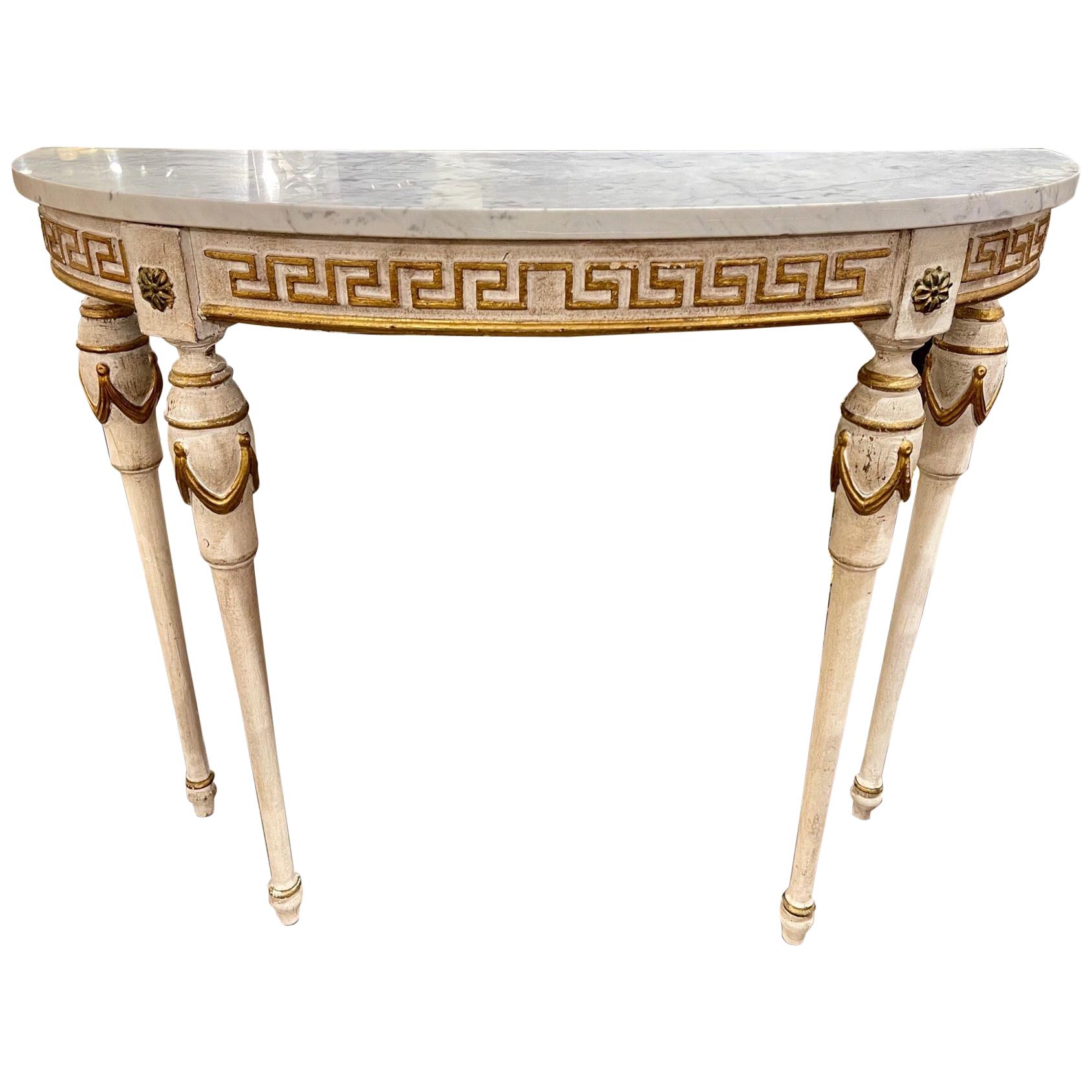Vintage Italian Carved and Painted Demi-Lune Table with Greek Key Pattern