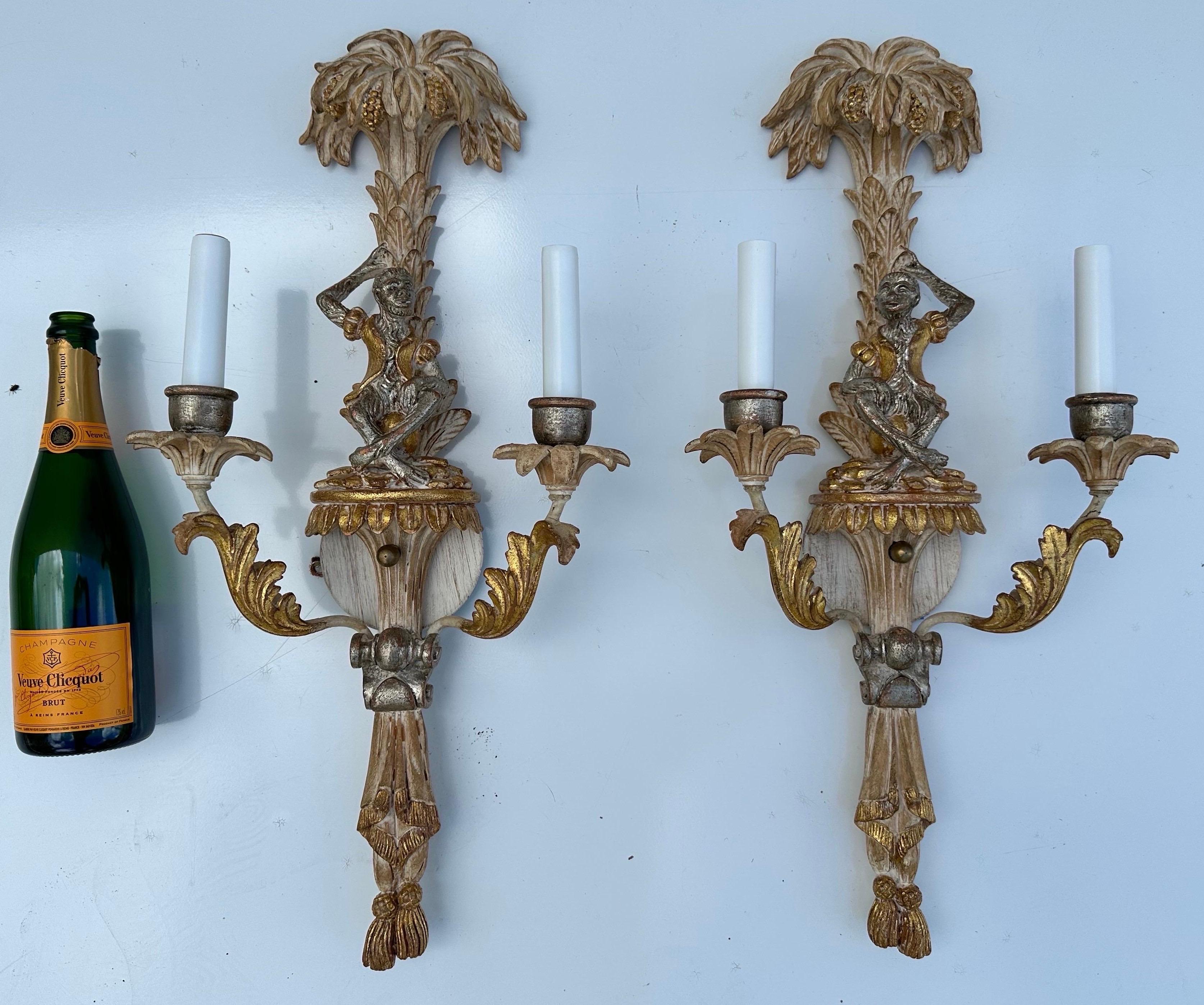 Paire d'appliques à singe à deux branches, vintage italien, sculpté et peint en vente 7