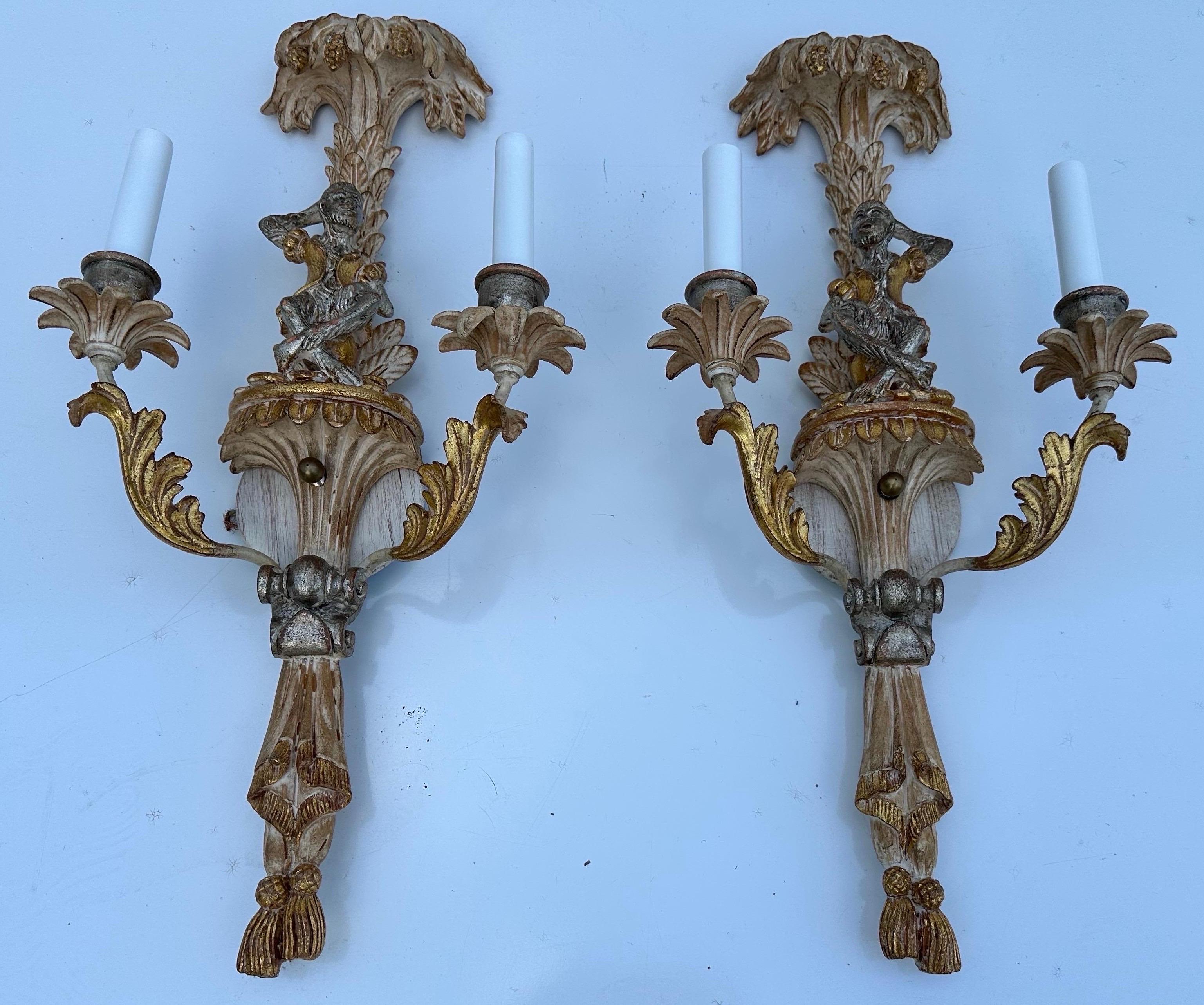 Paire d'appliques à singe à deux branches, vintage italien, sculpté et peint en vente 9
