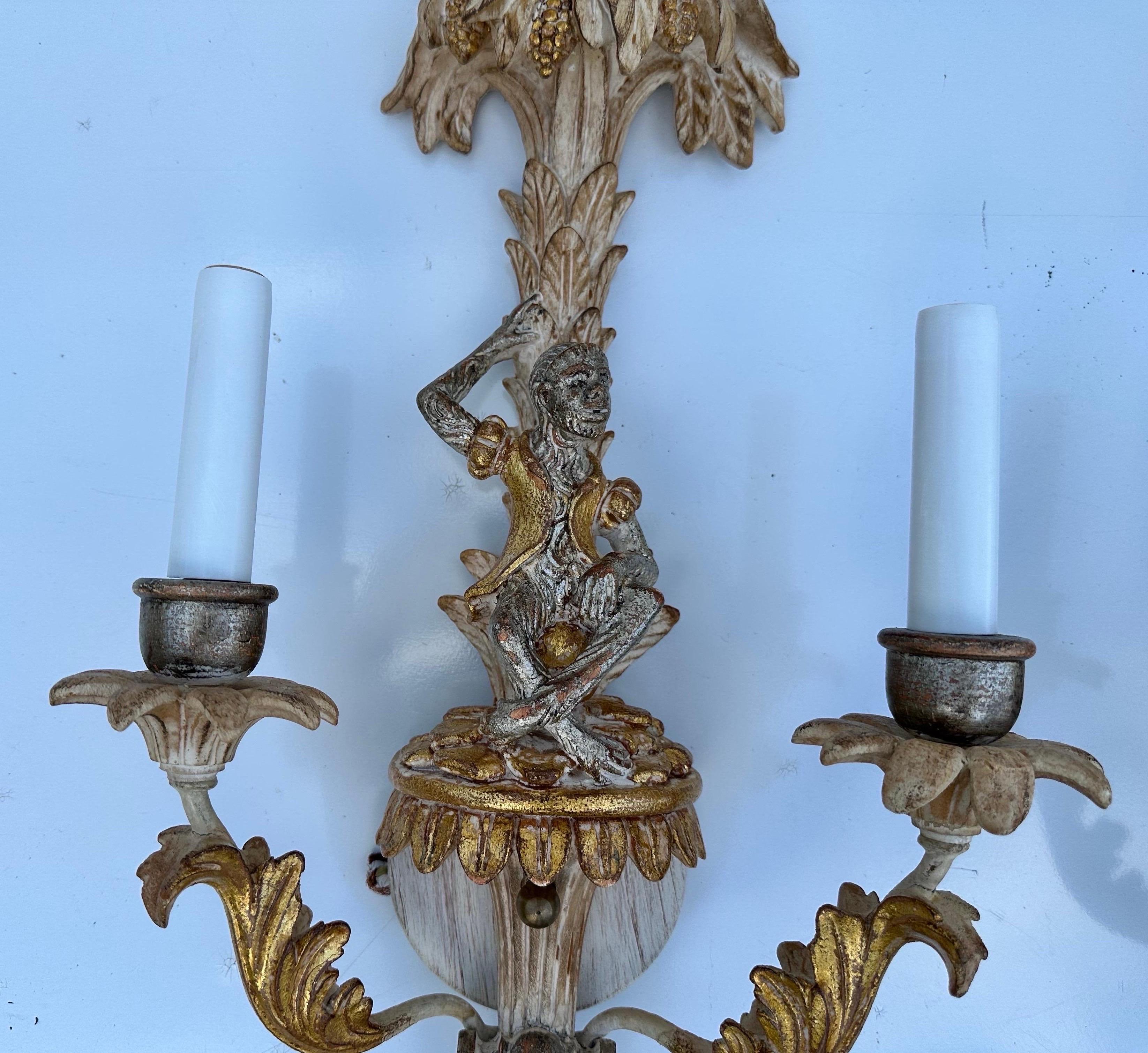 Paire d'appliques à singe à deux branches, vintage italien, sculpté et peint en vente 10
