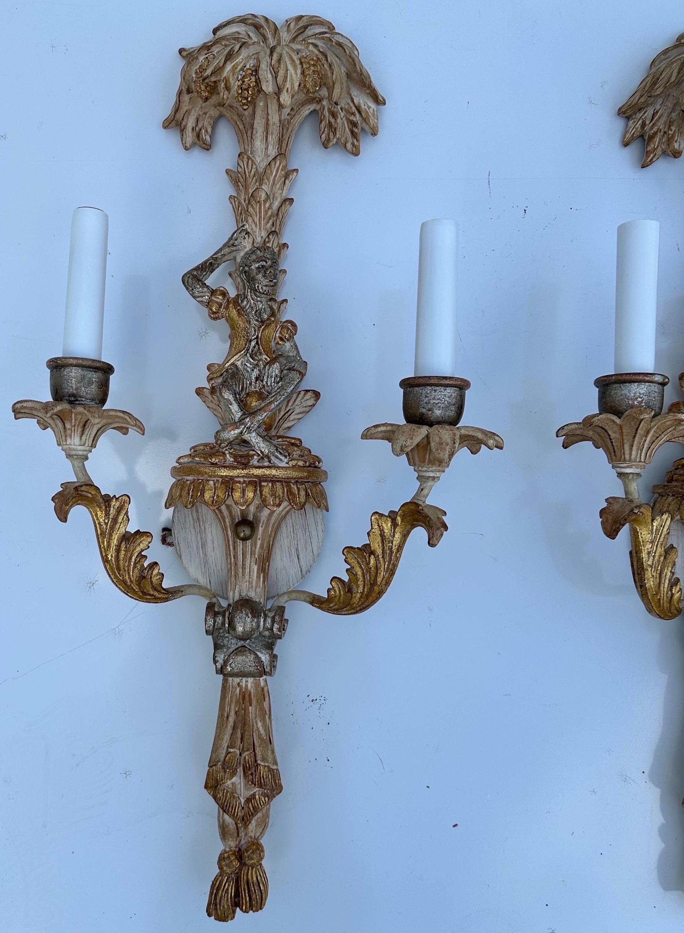 Paire d'appliques à singe à deux branches, vintage italien, sculpté et peint en vente 3