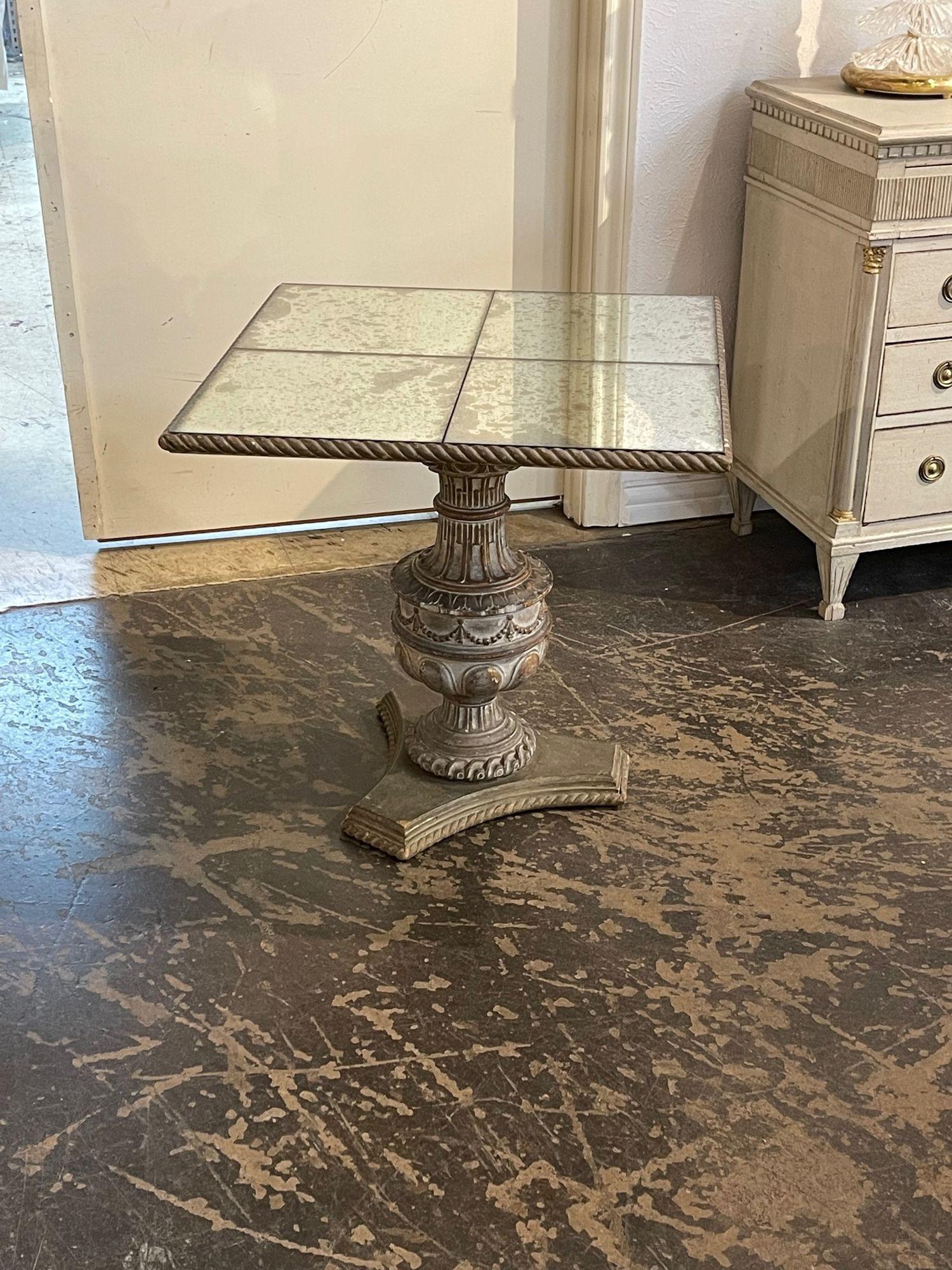 Very nice vintage Italian carved and parcel gilt mirrored side table. Beautiful patina and intricate carvings.  So pretty!!