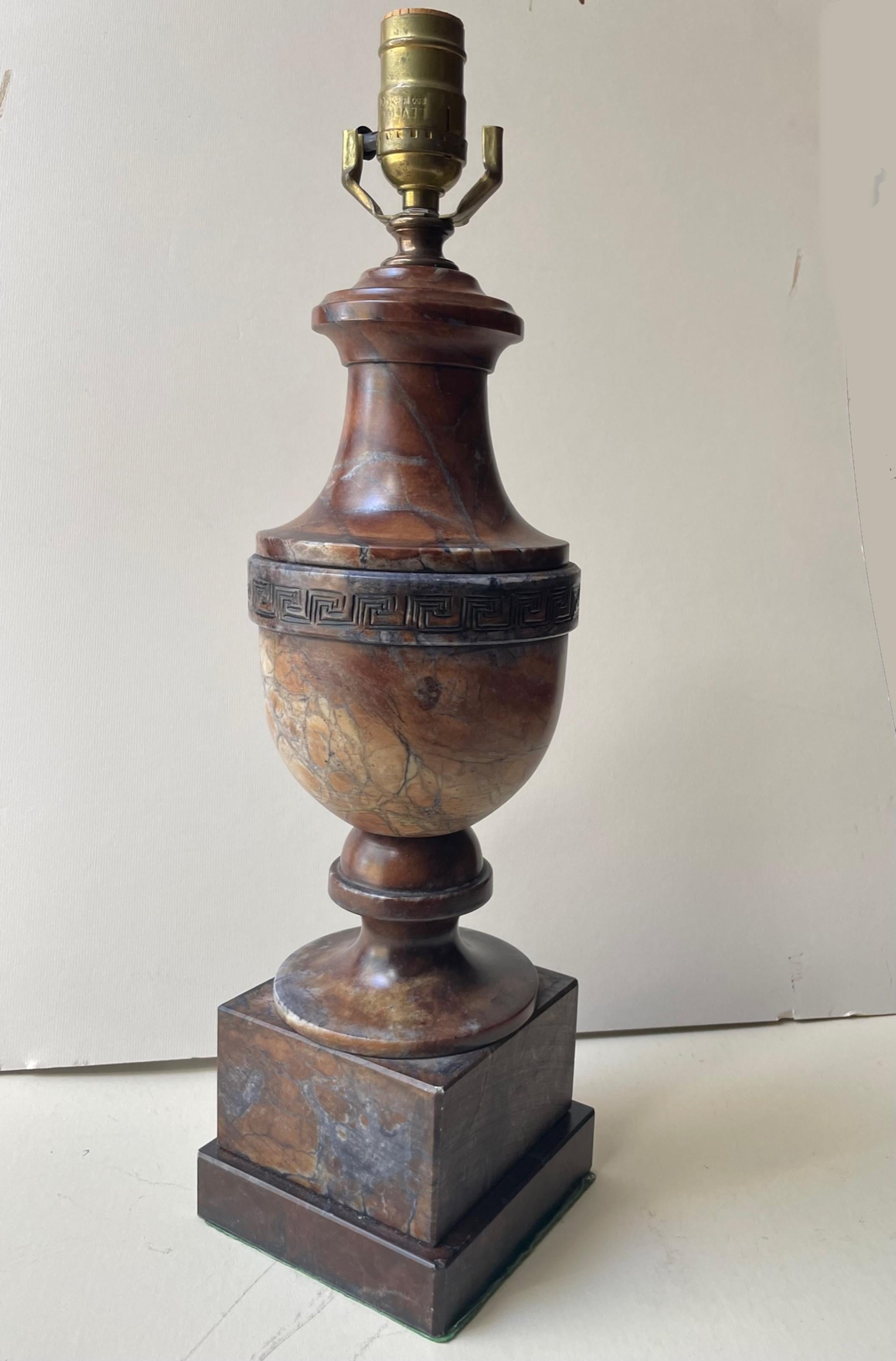 Vintage Italian Carved Baluster Urn Marble Tabletop Lamp.

This beautiful baluster shaped Italian marble is carved as an urn with plinth and mounted as a table lamp.  The darkly variegated marble is stunning and richly dynamic.  The tabletop lamp