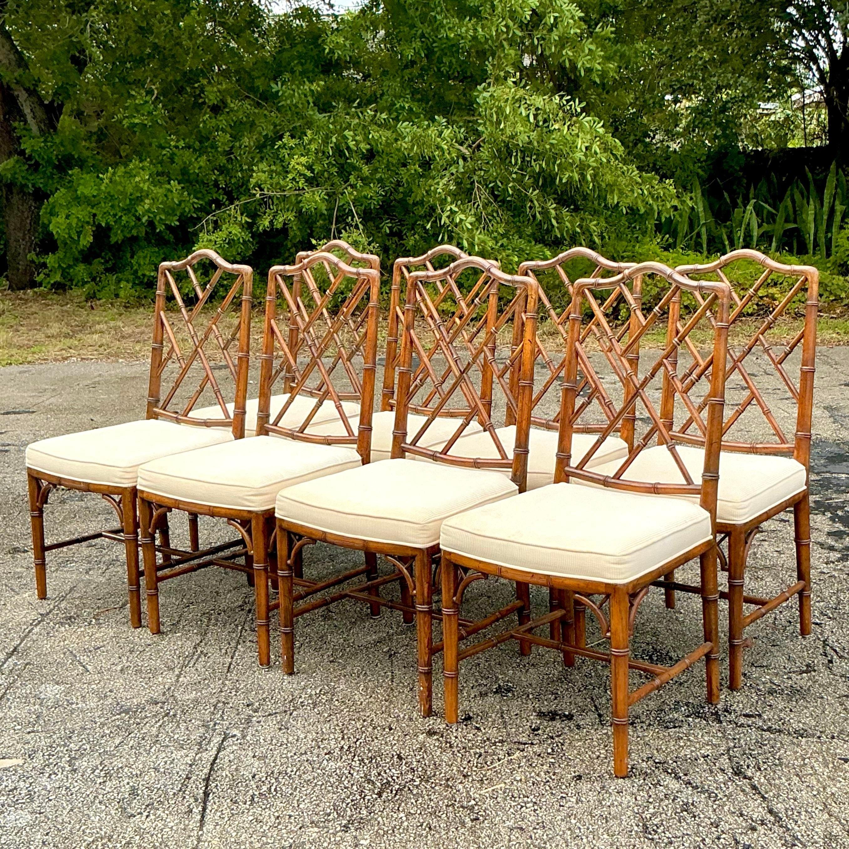 American Vintage Italian Carved Bamboo Chinese Chippendale Dining Chairs - Set of 8