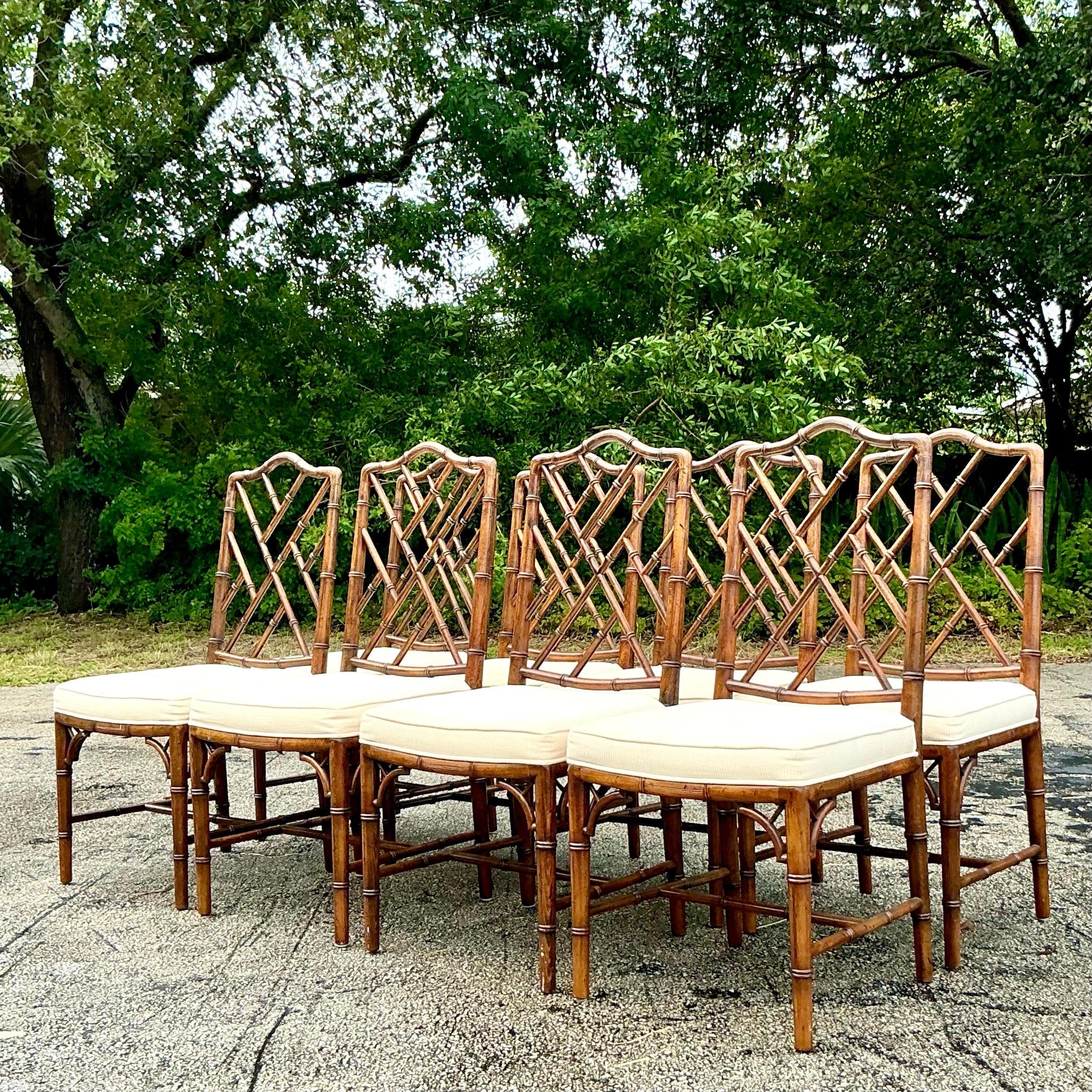 20th Century Vintage Italian Carved Bamboo Chinese Chippendale Dining Chairs - Set of 8