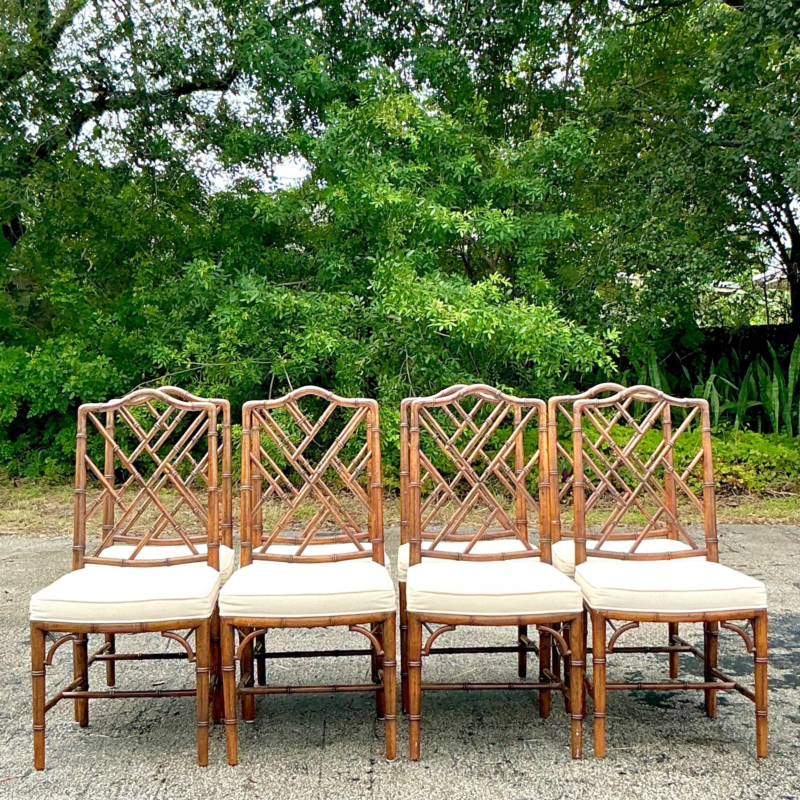 Upholstery Vintage Italian Carved Bamboo Chinese Chippendale Dining Chairs - Set of 8
