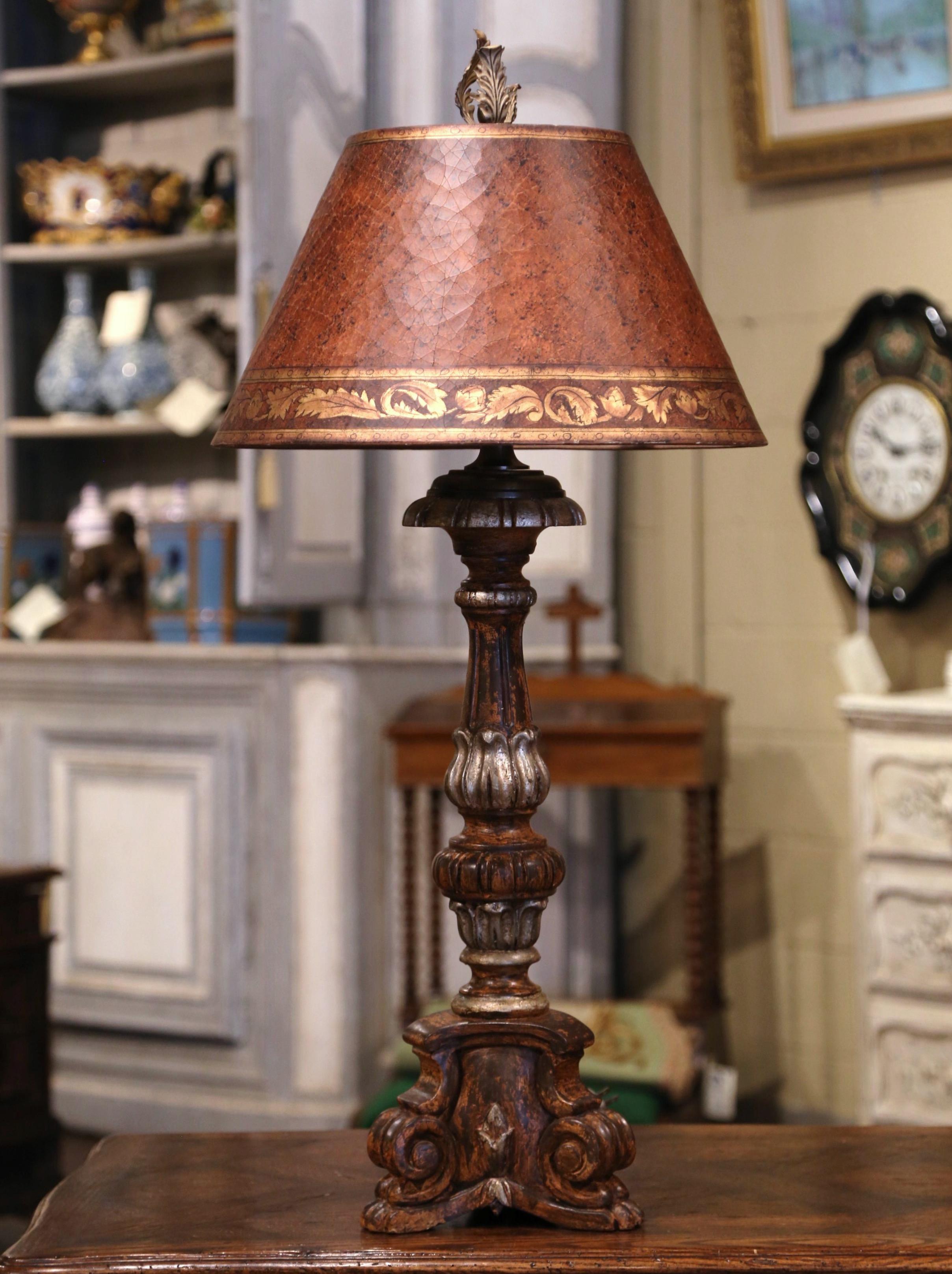 Vintage Italian Carved Candlestick Table Lamp with Parchment Shade In Excellent Condition In Dallas, TX