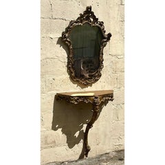 Vintage Italian Carved Gilt Mirror and Demilune Console - Set of 2