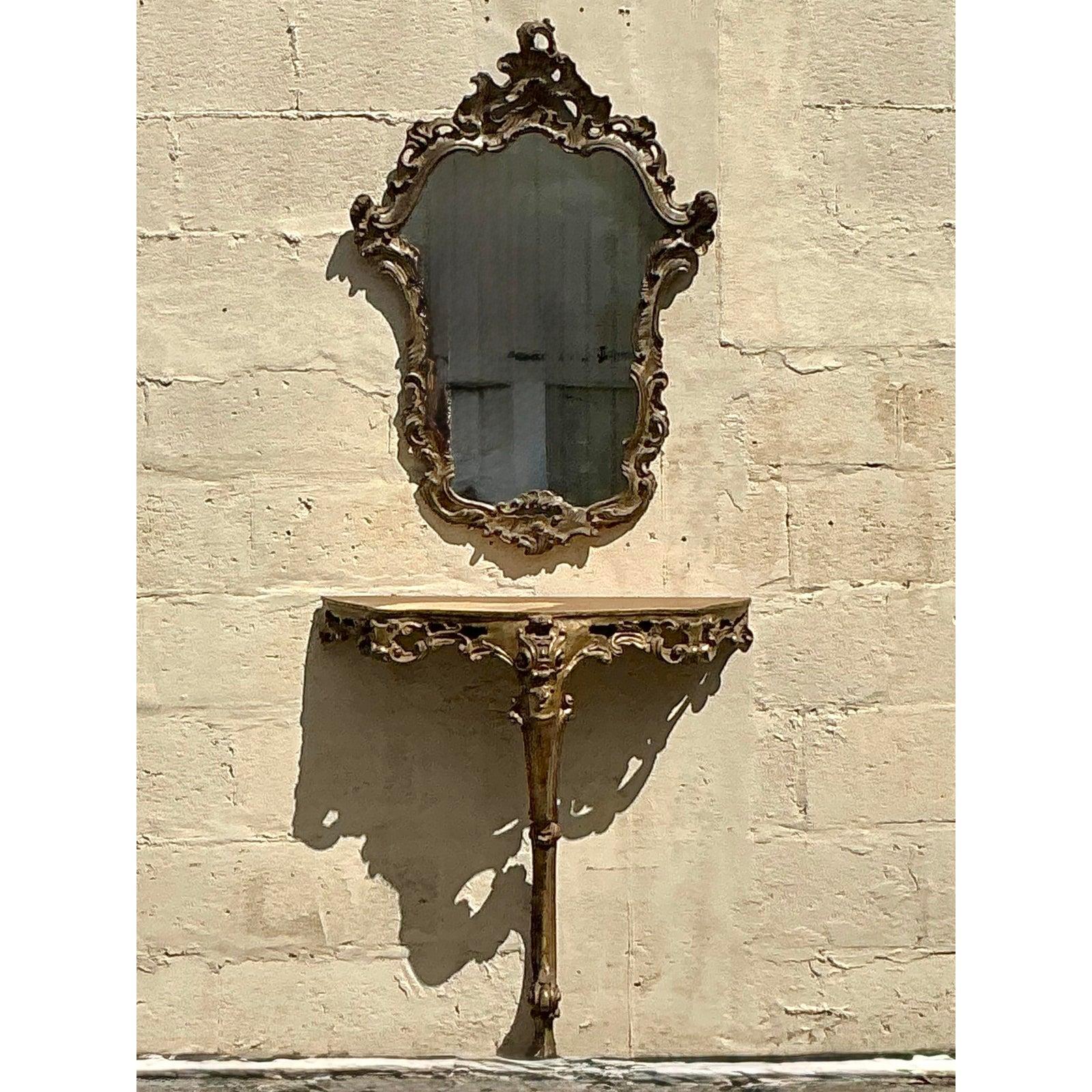 Specchio d'epoca italiano intagliato e dorato e console Demilune - Set di 2 in vendita 1