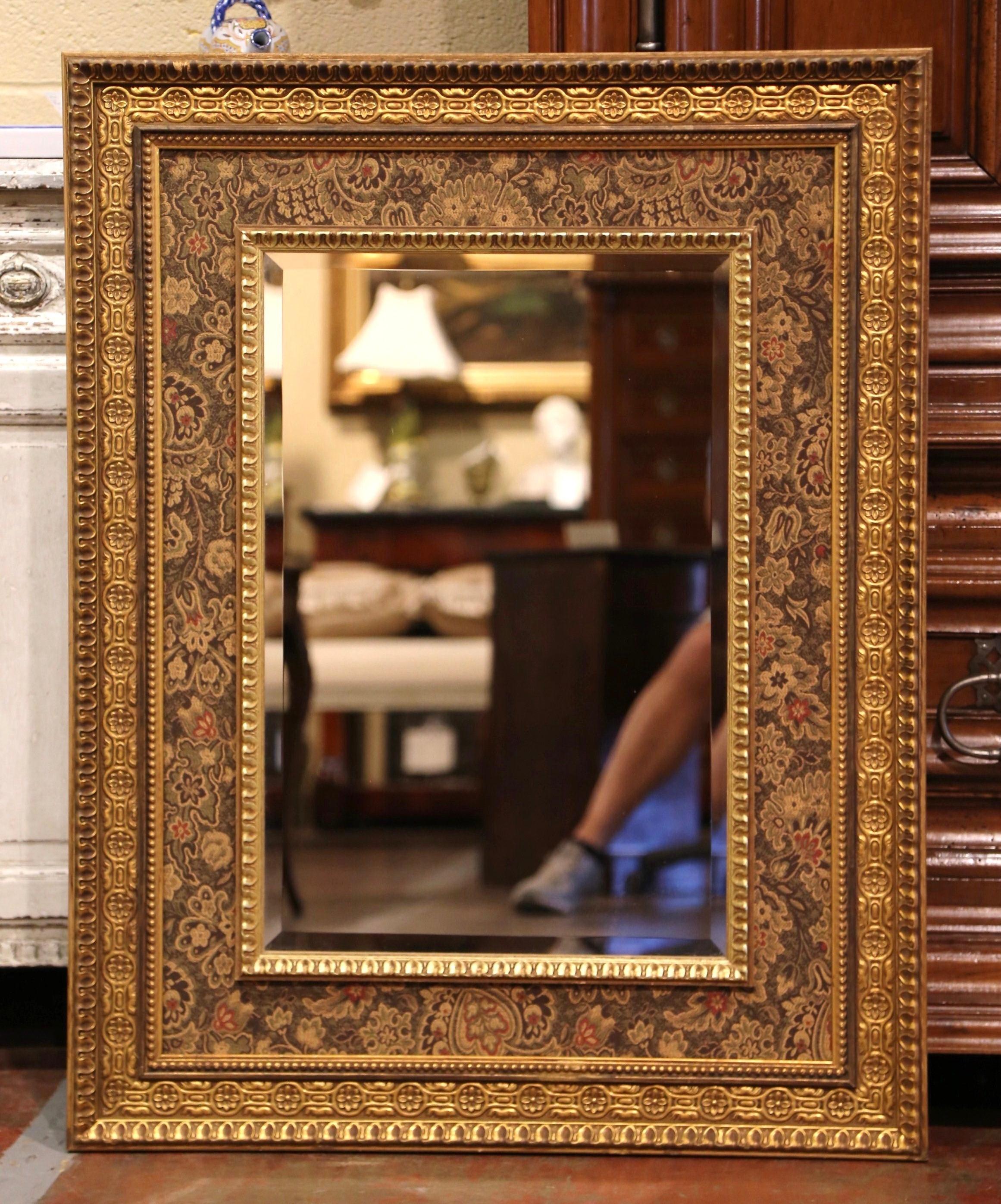 Vintage Italian Carved Giltwood and Fabric Wall Mirror with Beveled Glass In Excellent Condition In Dallas, TX