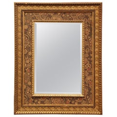 Vintage Italian Carved Giltwood and Fabric Wall Mirror with Beveled Glass