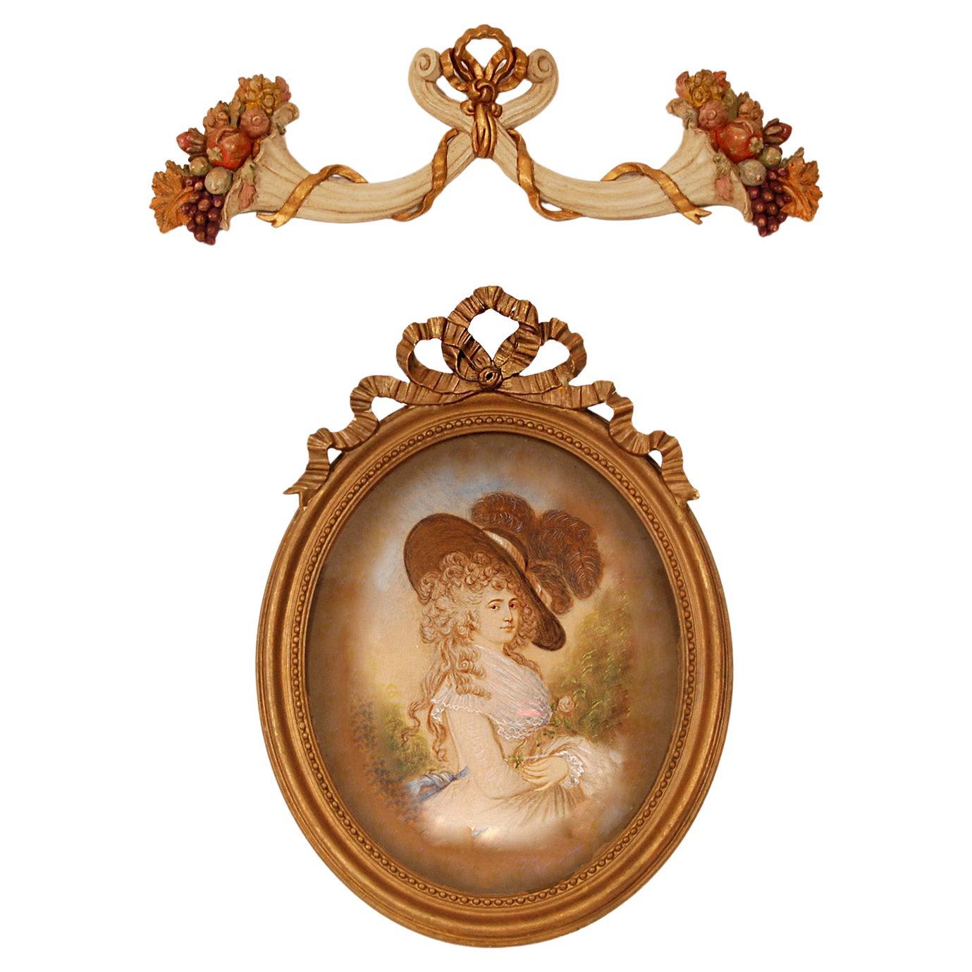 Vintage Italian Carved Giltwood and Polychrome Cornucoppia Horn Wall Ornament
