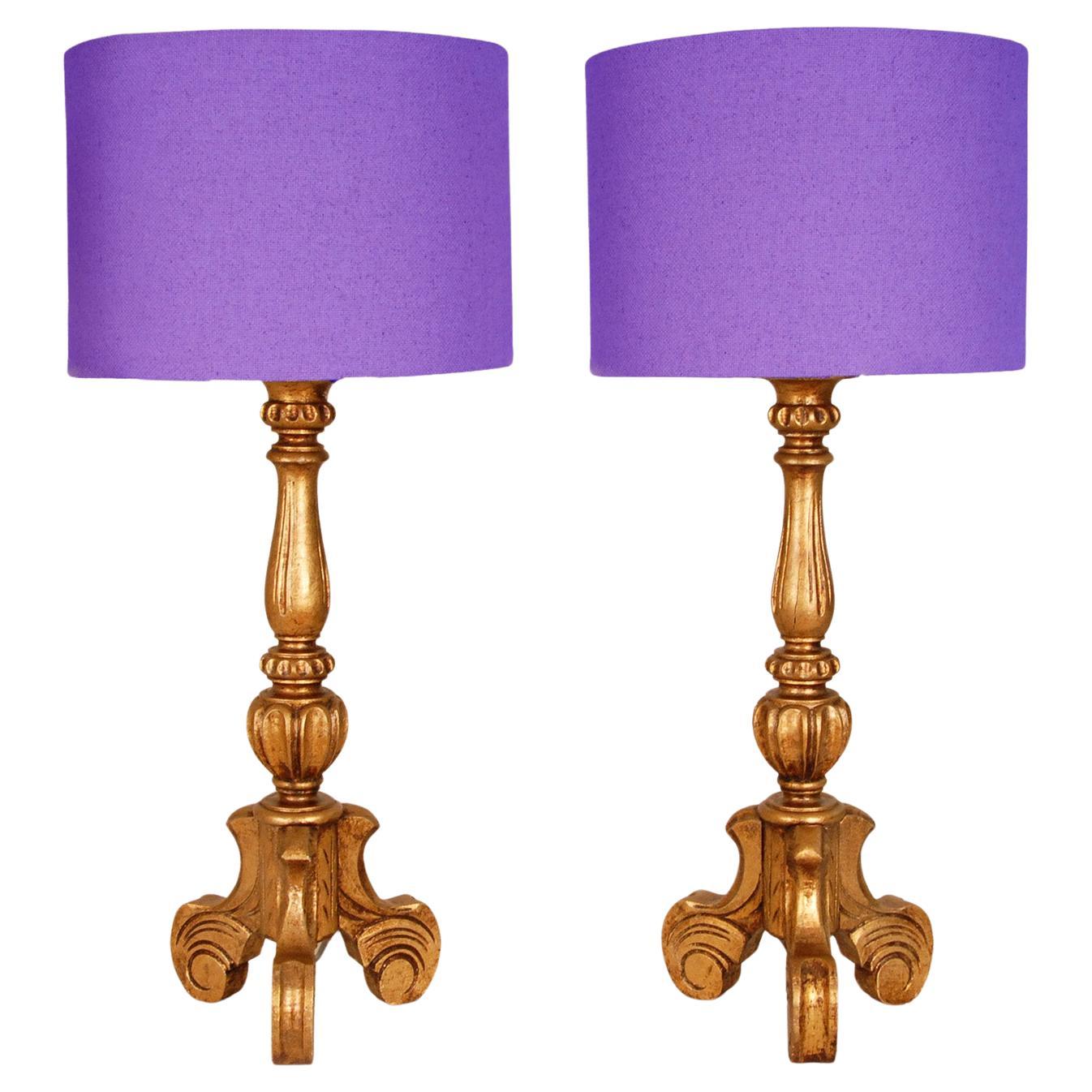 Vintage Italian Carved Giltwood Lamps Gold Baroque style Table Lamps 1960 a Pair