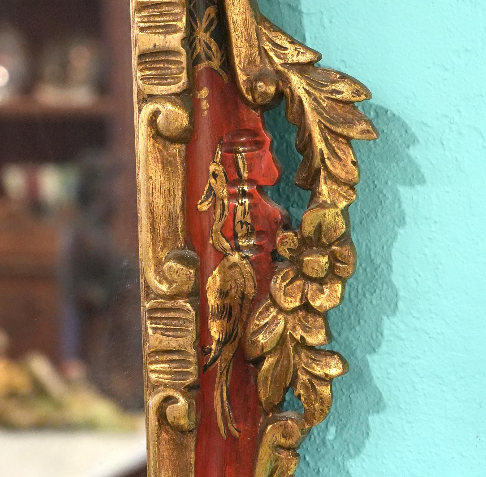 Vintage Italian Carved Giltwood Mirror with Red Painted Gilt Chinoiserie Panels In Good Condition In Ft. Lauderdale, FL