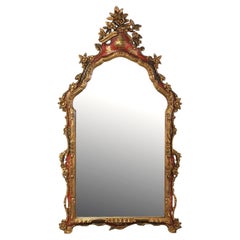 Vintage Italian Carved Giltwood Mirror with Red Painted Gilt Chinoiserie Panels