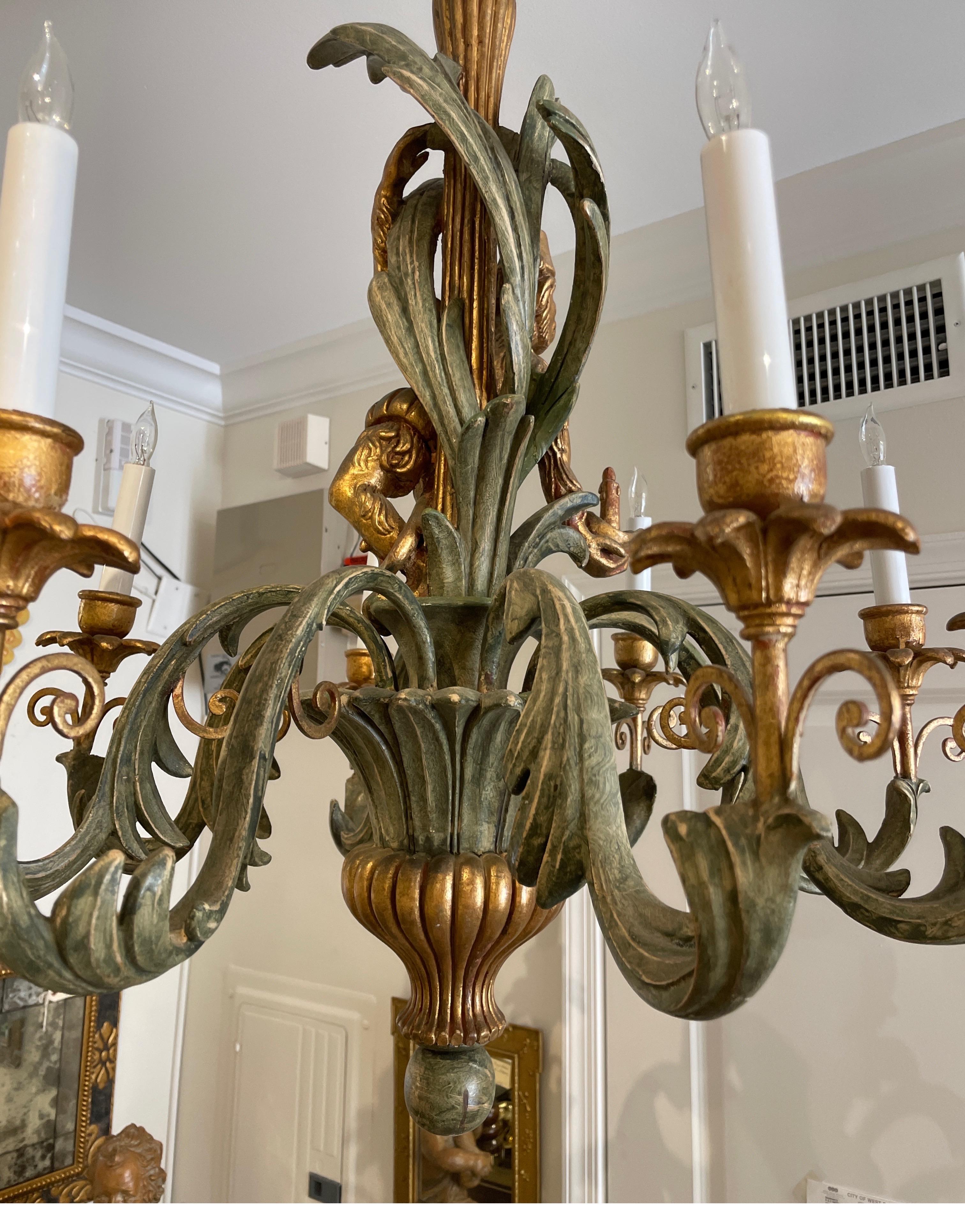 20th Century Vintage Italian Carved & Giltwood Monkey Chandelier For Sale