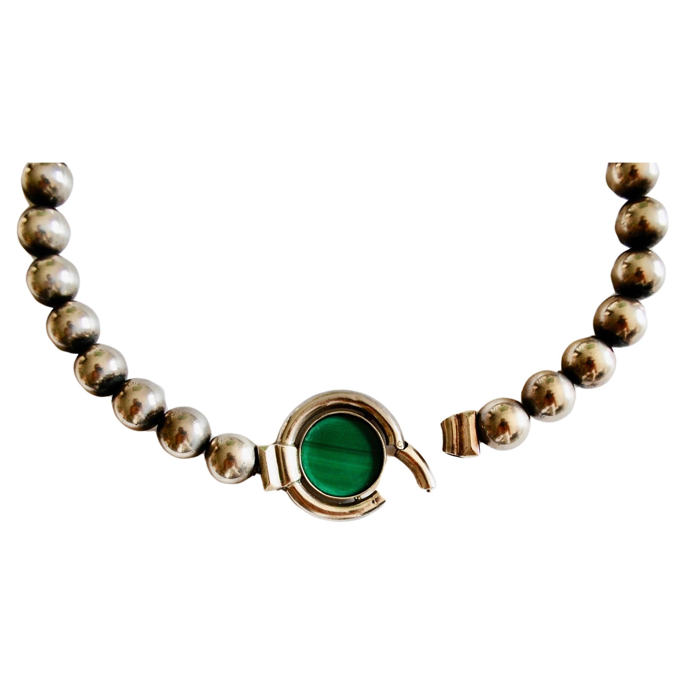 Classical Roman Vintage Italian Carved Malachite Sterling Necklace  For Sale