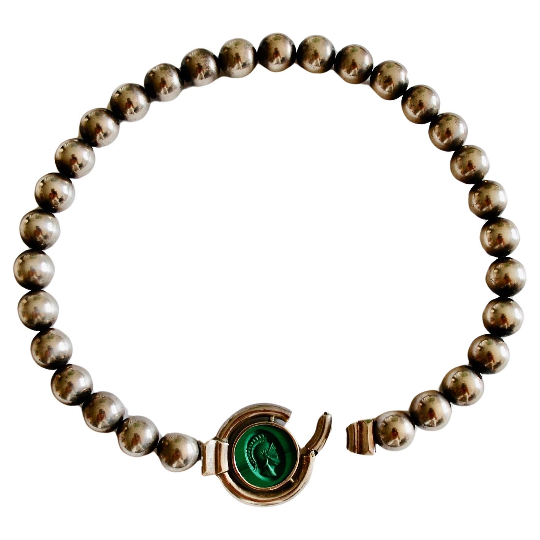 Round Cut Vintage Italian Carved Malachite Sterling Necklace  For Sale