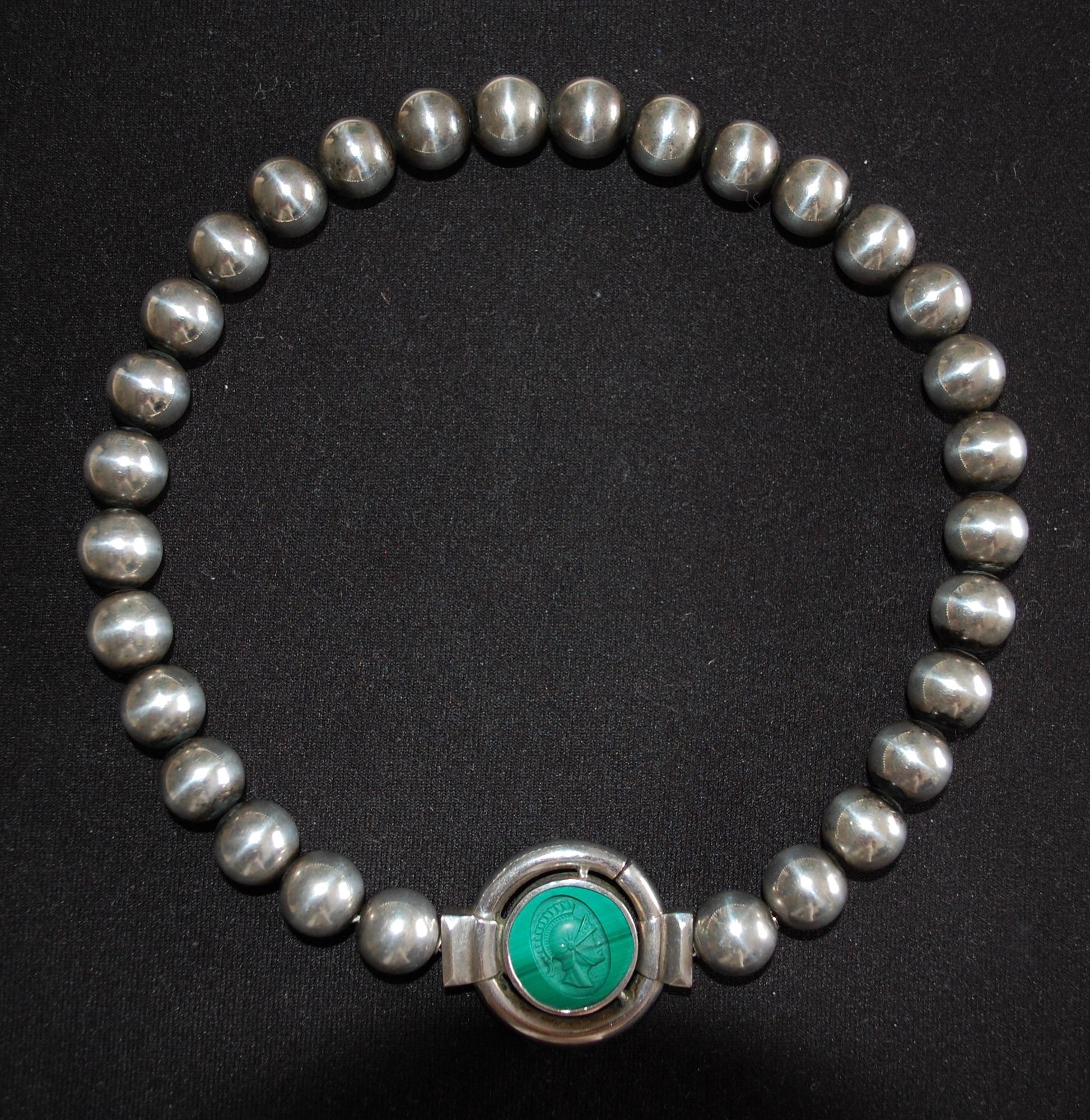 Round Cut Vintage Italian Carved Malachite Sterling Necklace  For Sale