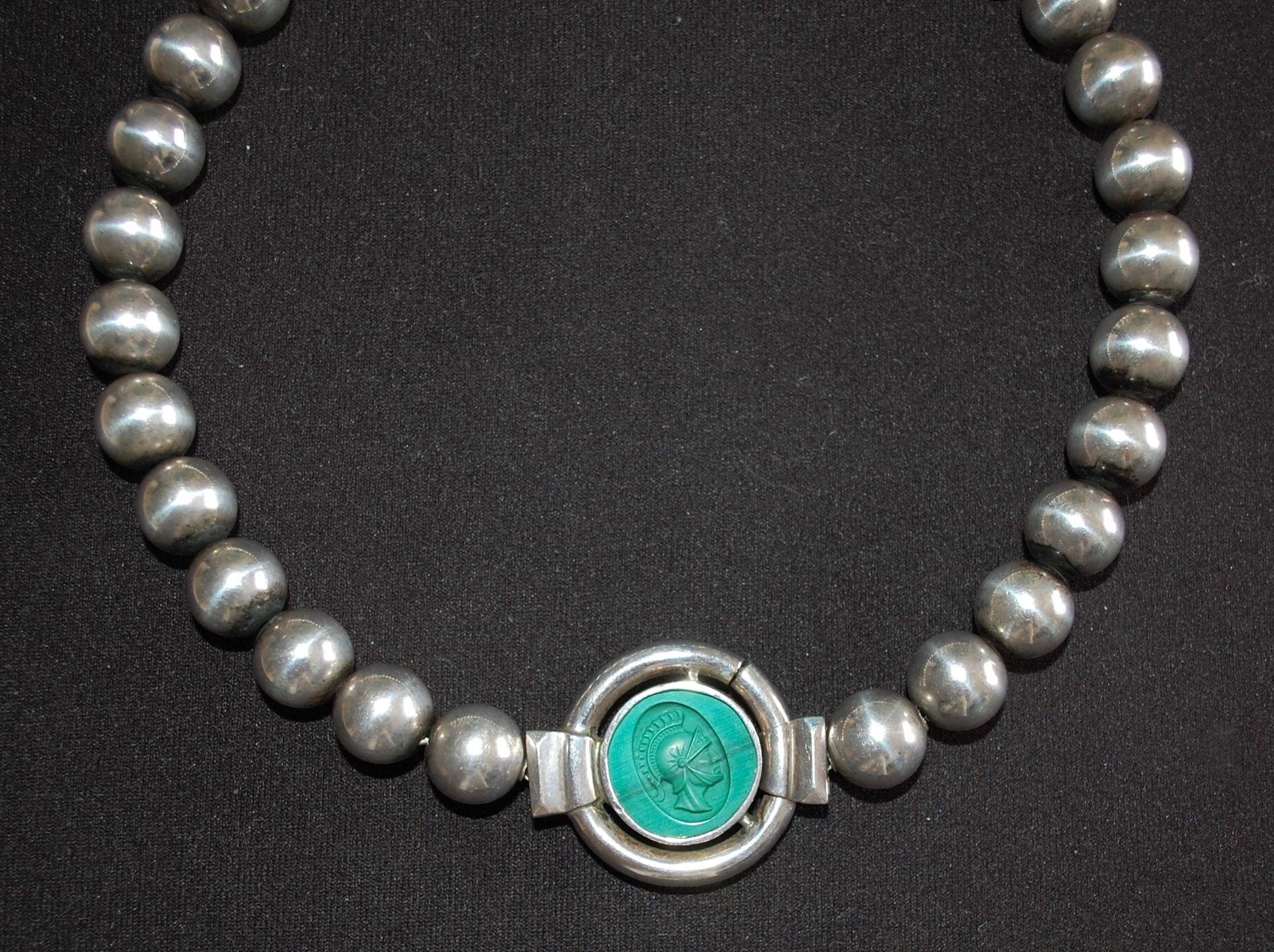 Vintage Italian Carved Malachite Sterling Necklace  In Excellent Condition For Sale In Lake Worth, FL