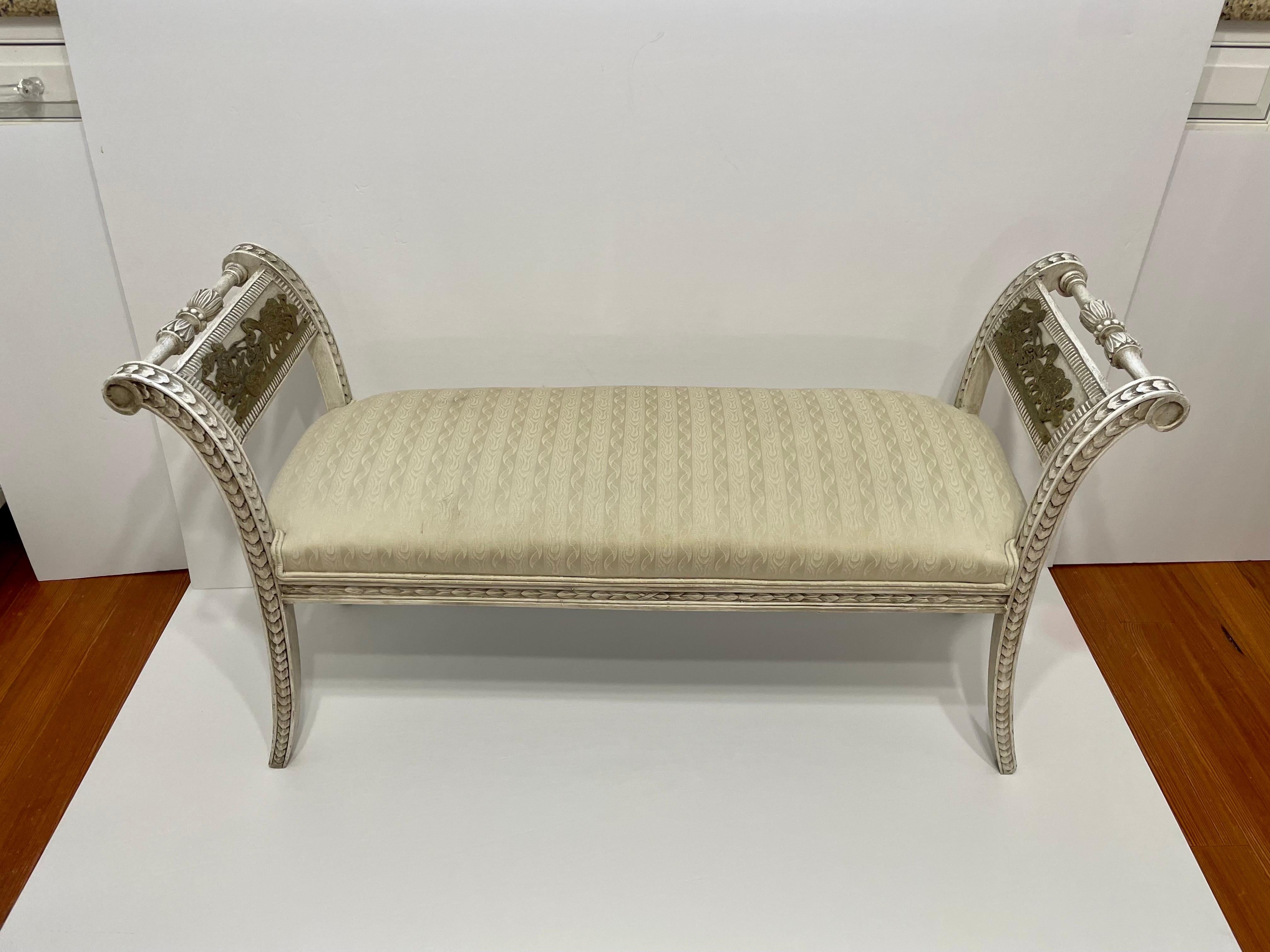 Upholstery Vintage Italian Carved Painted Bench For Sale