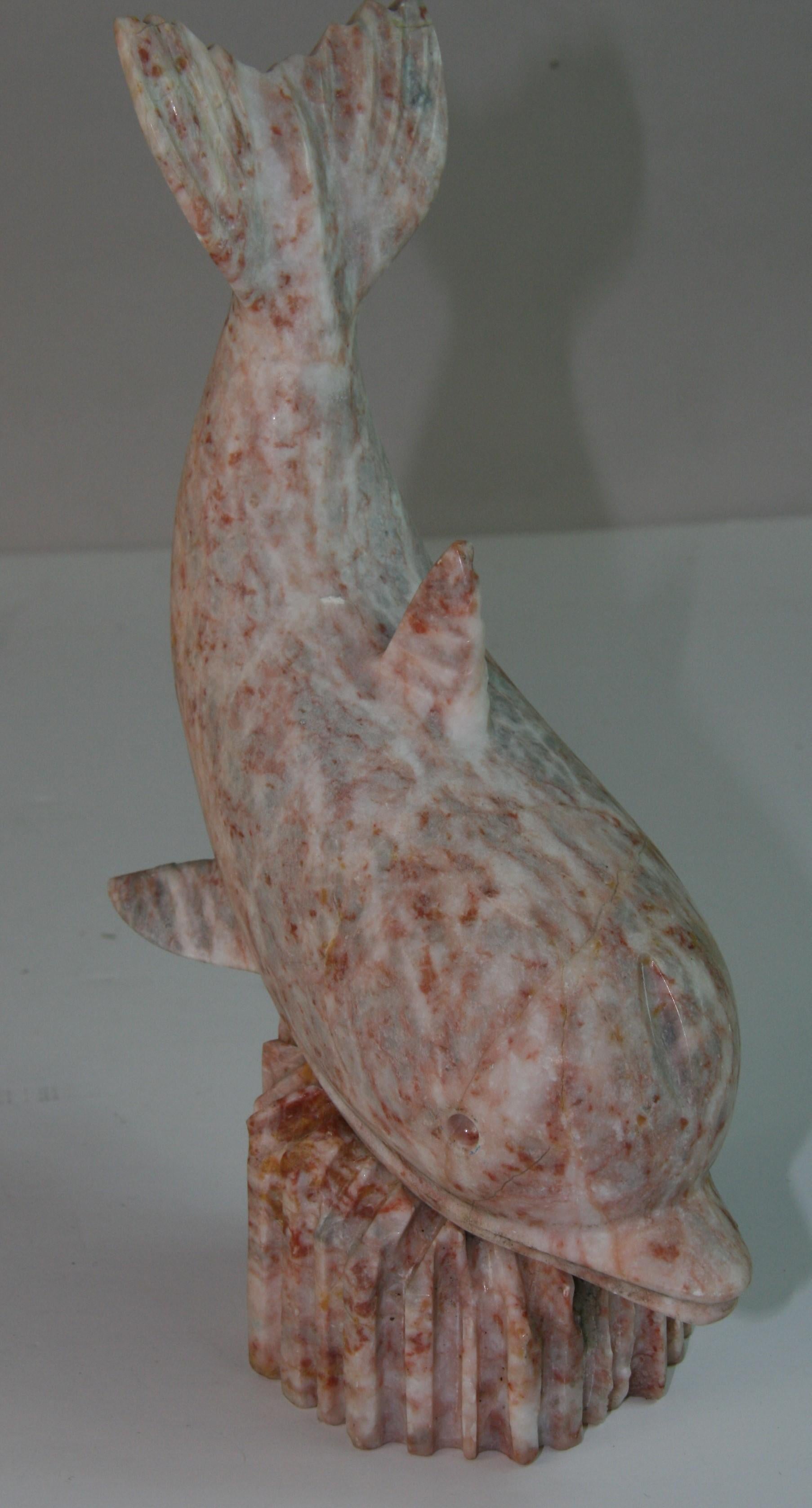 Late 20th Century Vintage Italian Carved Pink Marble Dolphin Sculpture For Sale