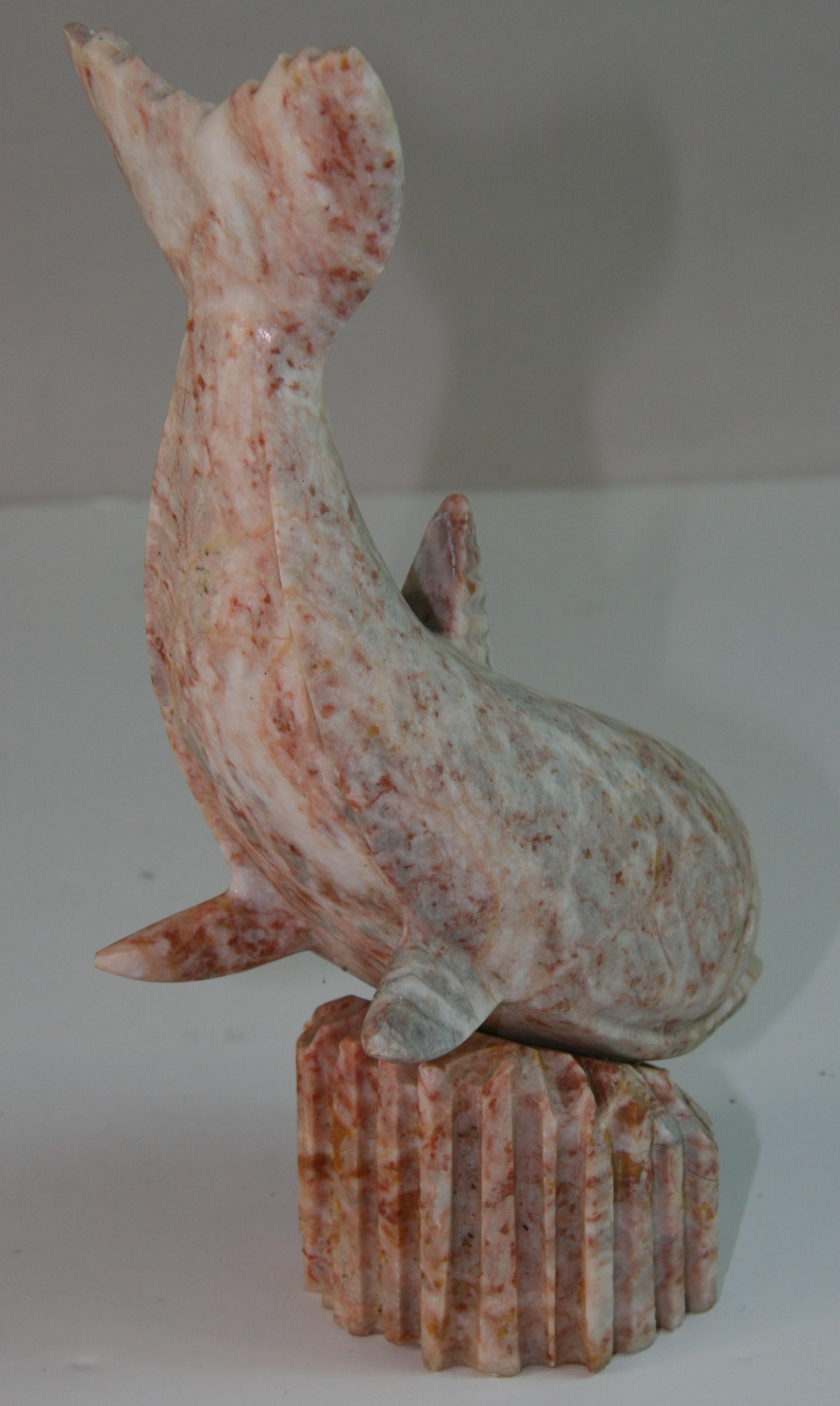 Vintage Italian Carved Pink Marble Dolphin Sculpture For Sale 1
