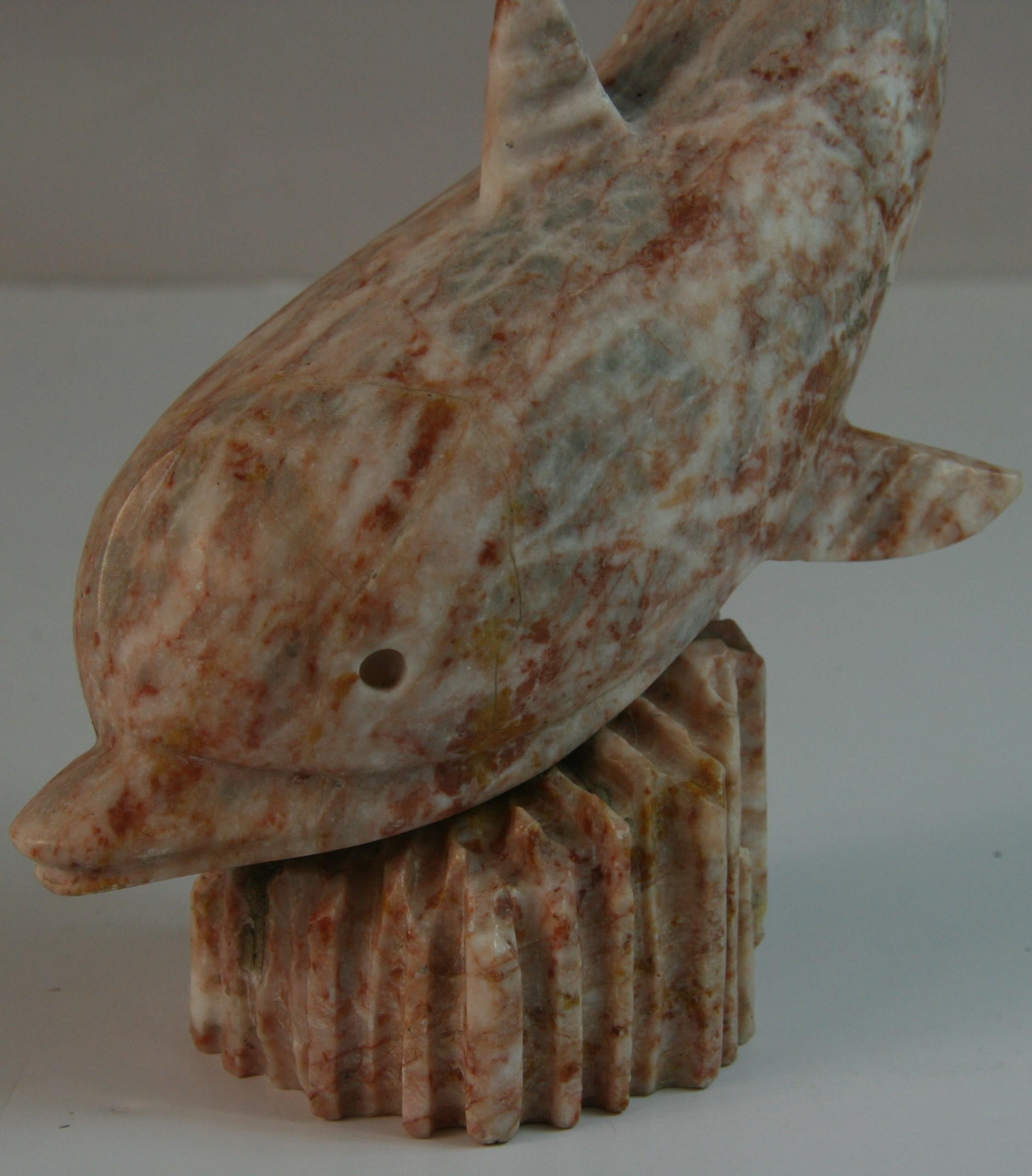 Vintage Italian Carved Pink Marble Dolphin Sculpture For Sale 4
