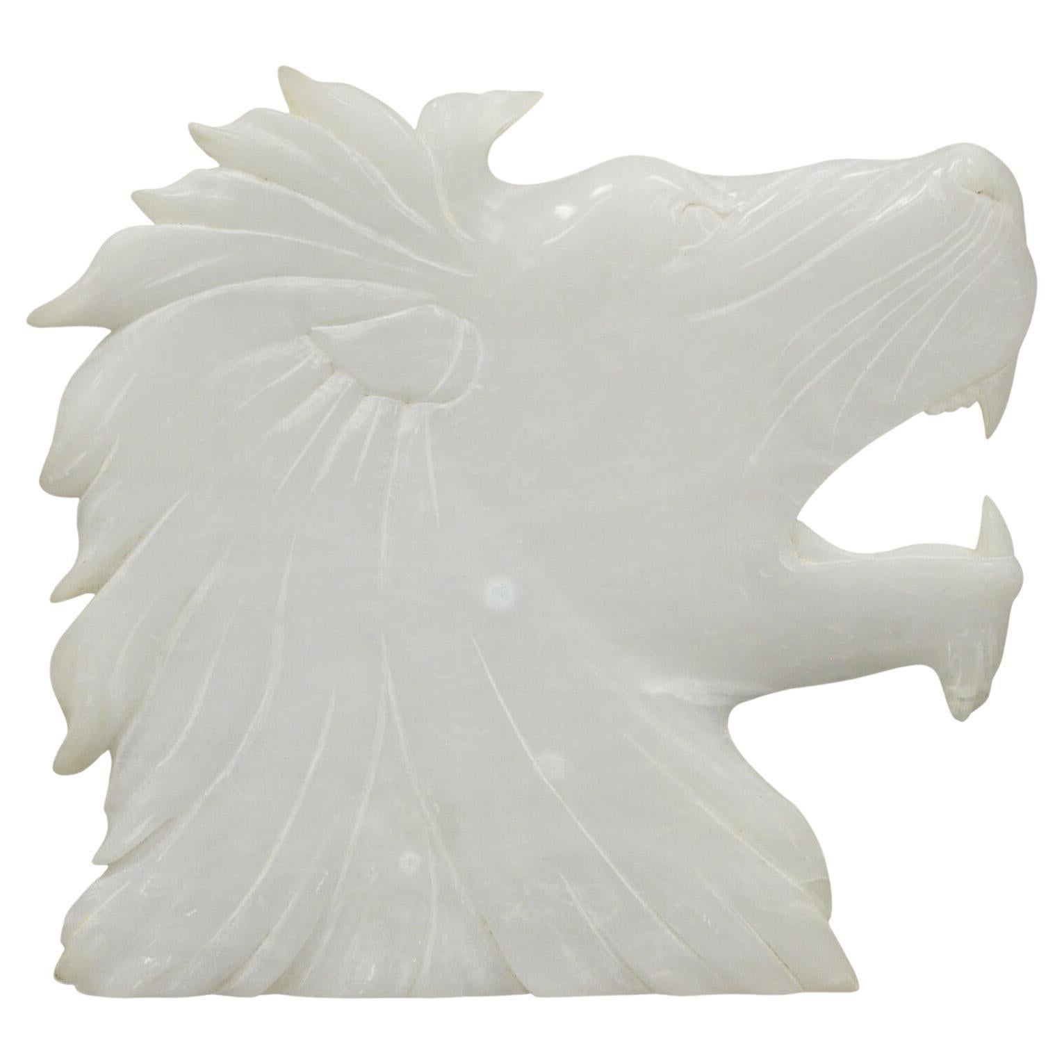 Vintage Italian Carved White Alabaster Lion Head Sculpture Statue Figure 'A' For Sale