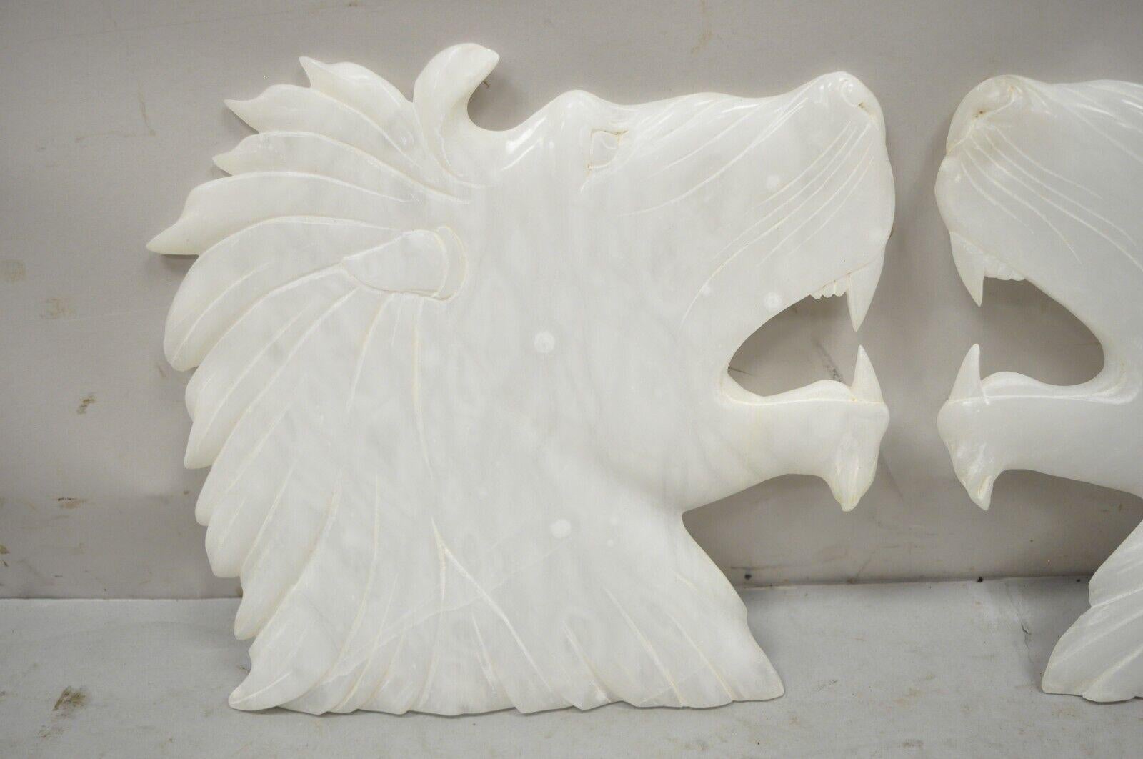 Vintage Italian Carved White Alabaster Lion Head Sculpture Statue Figure, Pair For Sale 7