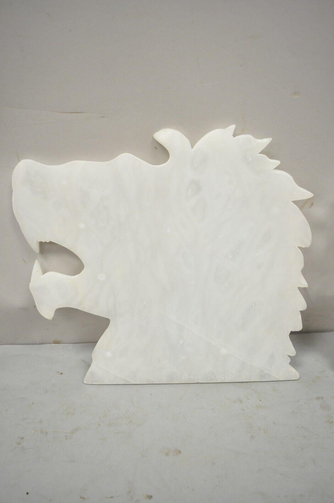 Hollywood Regency Vintage Italian Carved White Alabaster Lion Head Sculpture Statue Figure, Pair For Sale