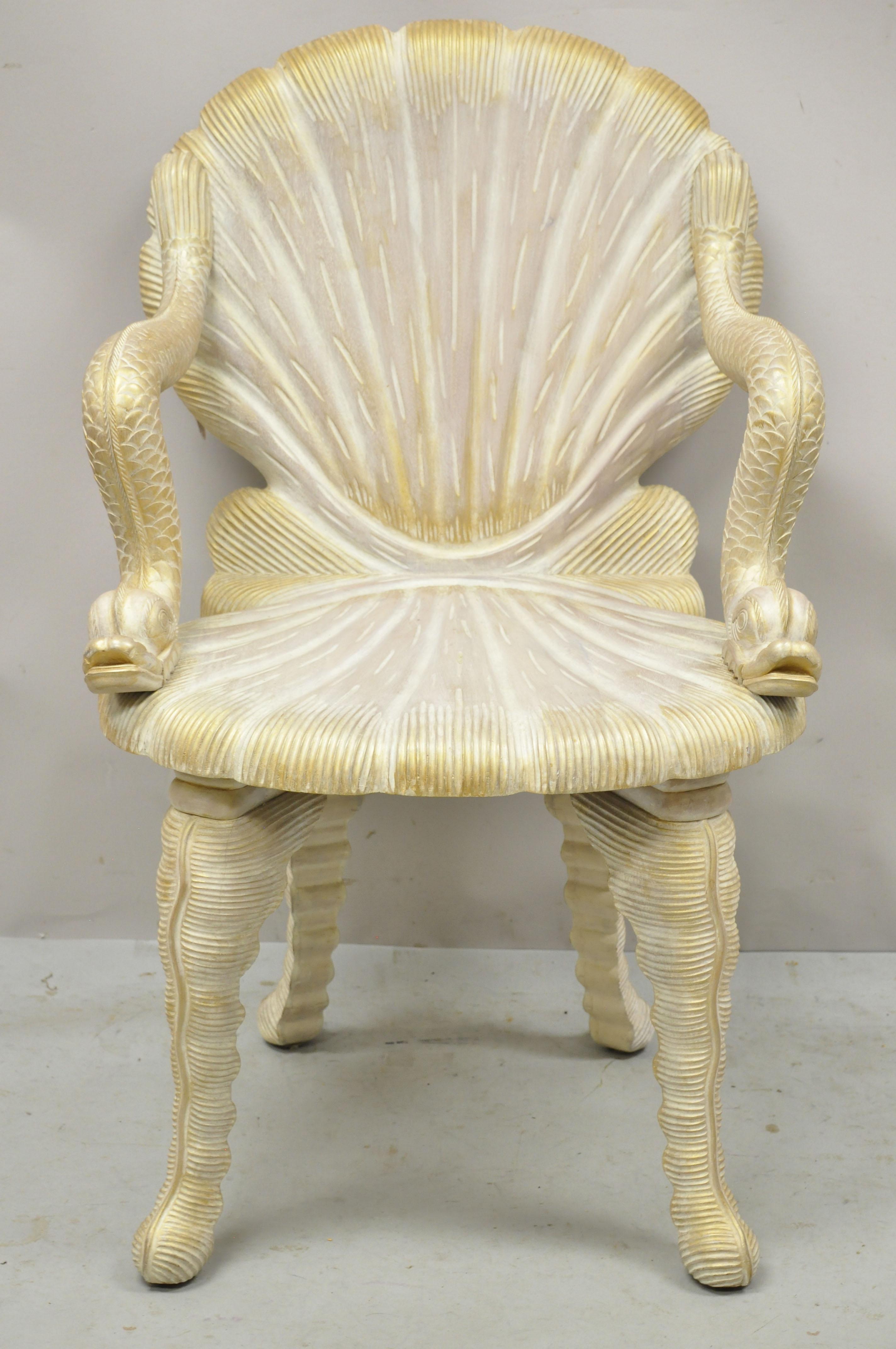Vintage Italian Carved Wood Grotto Chair Clam Sea Shell and Full Dolphin Arms 4