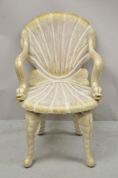 Vintage Italian Carved Wood Grotto Chair Clam Sea Shell and Full Dolphin Arms