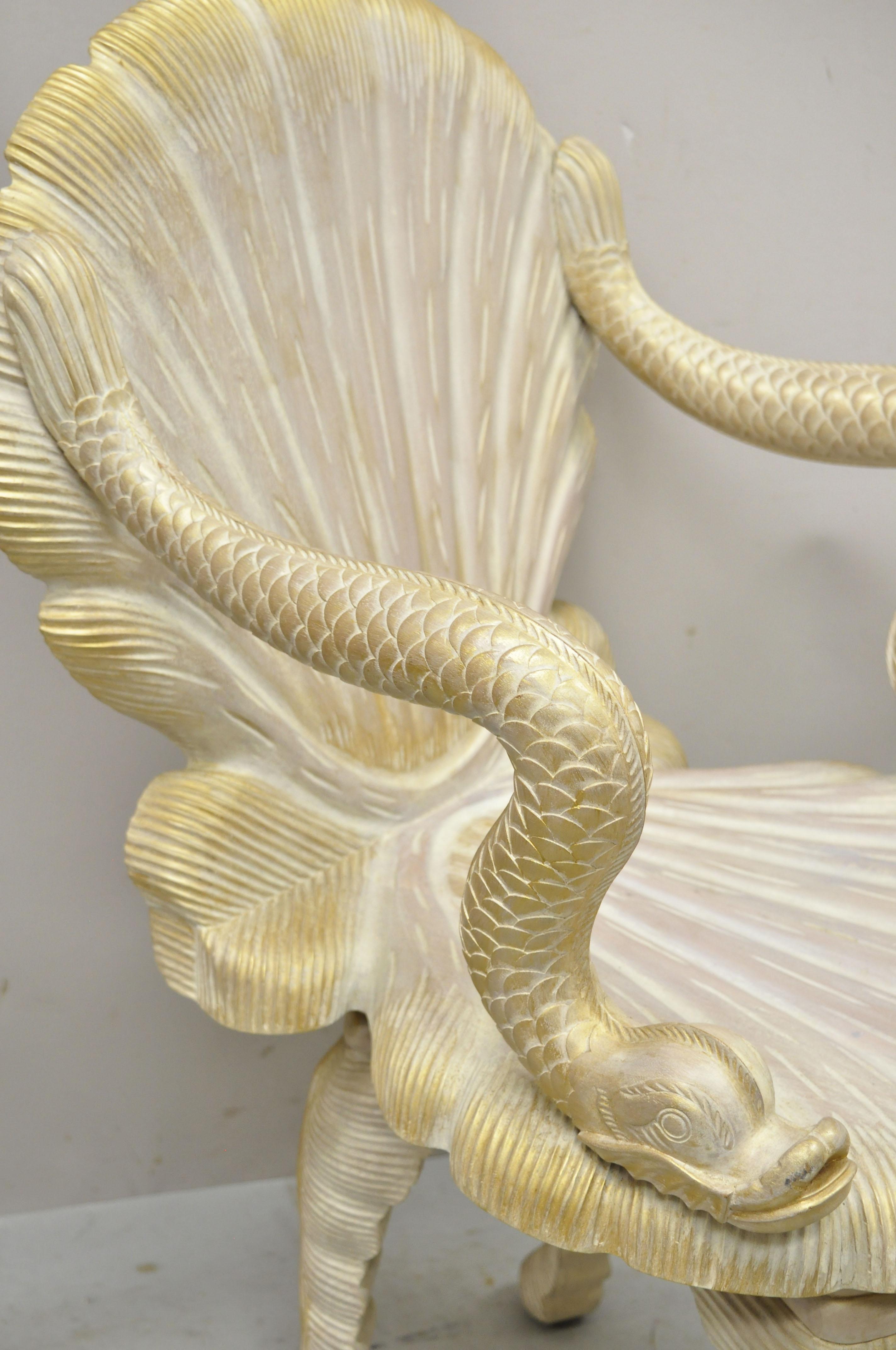 Regency Vintage Italian Carved Wood Grotto Chair Clam Sea Shell and Full Dolphin Arms