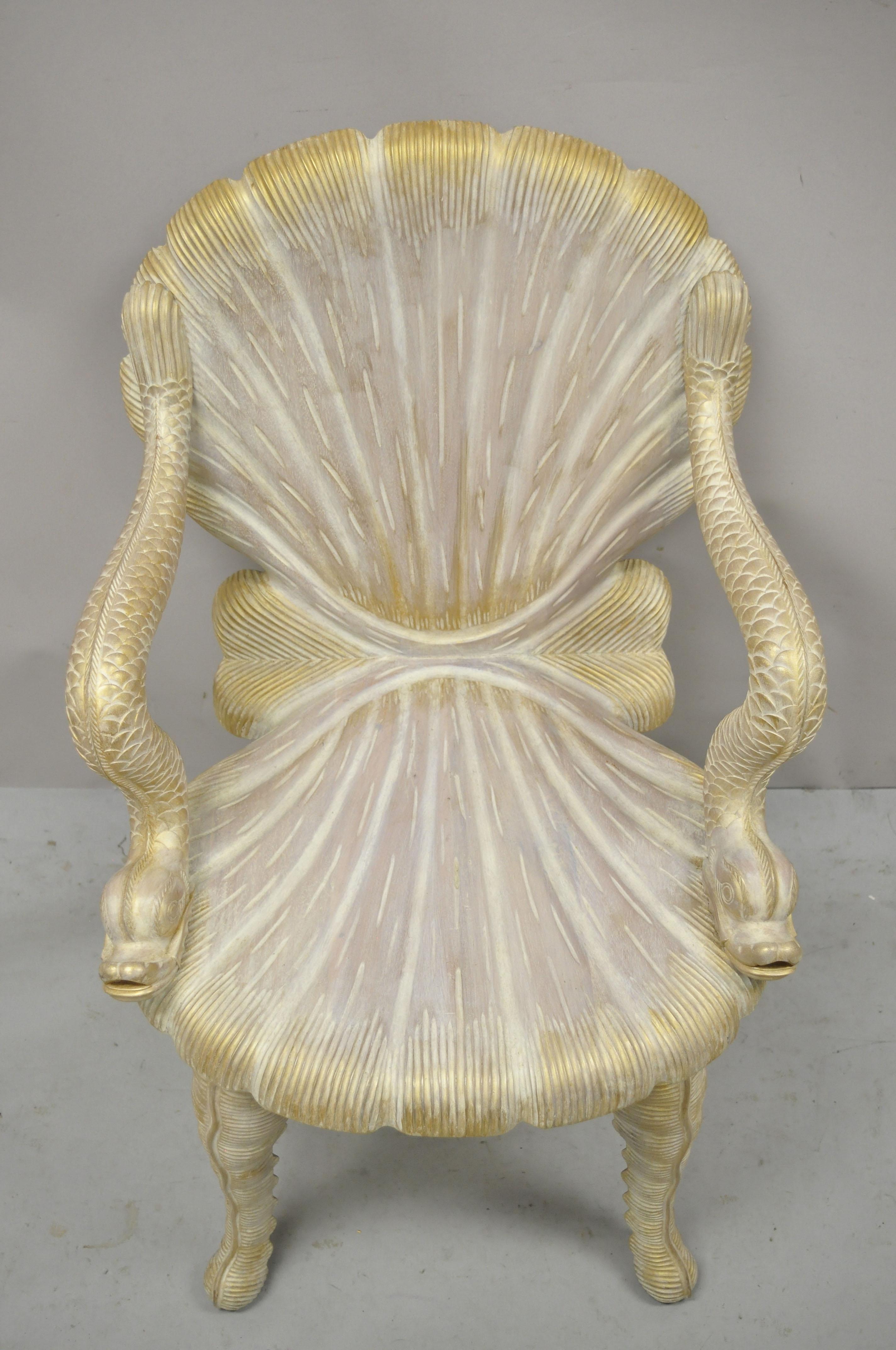 20th Century Vintage Italian Carved Wood Grotto Chair Clam Sea Shell and Full Dolphin Arms