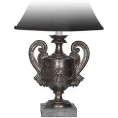 Vintage Italian Carved Wood Lamp Base with Vase Handle Design in Silver Finish