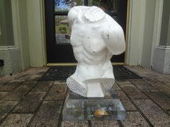 Vintage Italian Carved Wood Male Torso Sculpture on Acrylic Base