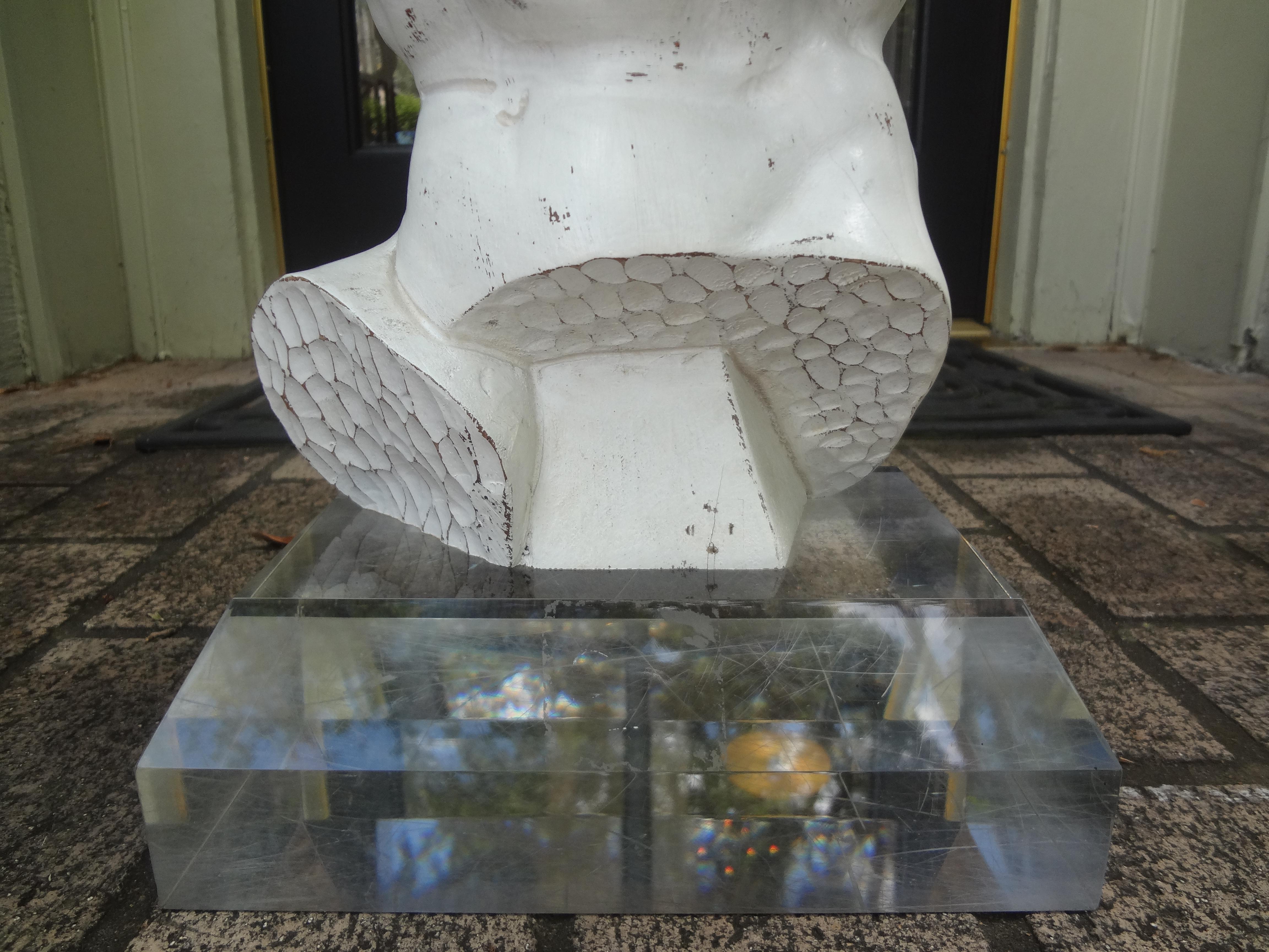 Vintage Italian Carved Wood Male Torso Sculpture on Acrylic Base In Good Condition For Sale In Houston, TX