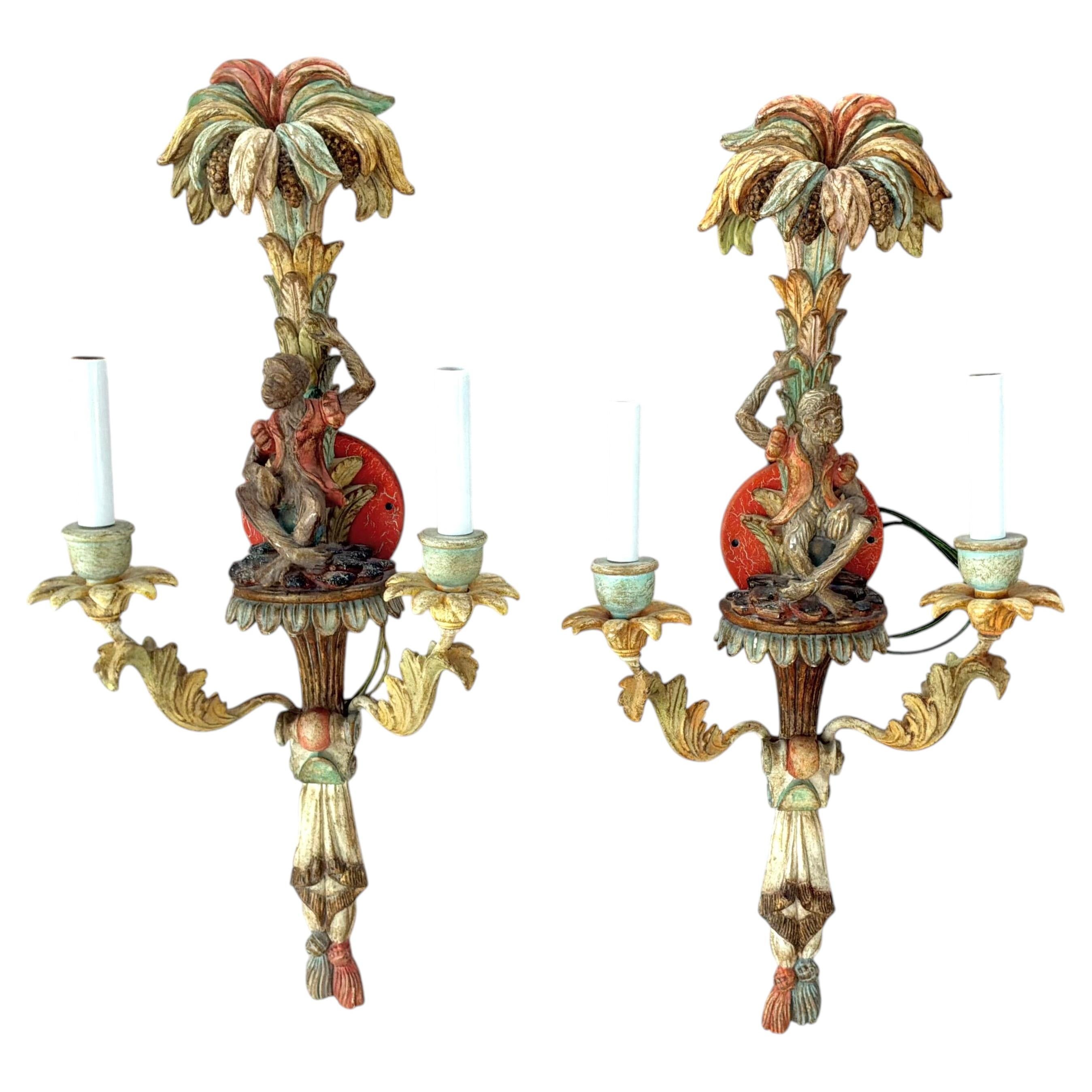 Vintage Italian Carved Wood Monkey Wall Sconces, Hand-Painted