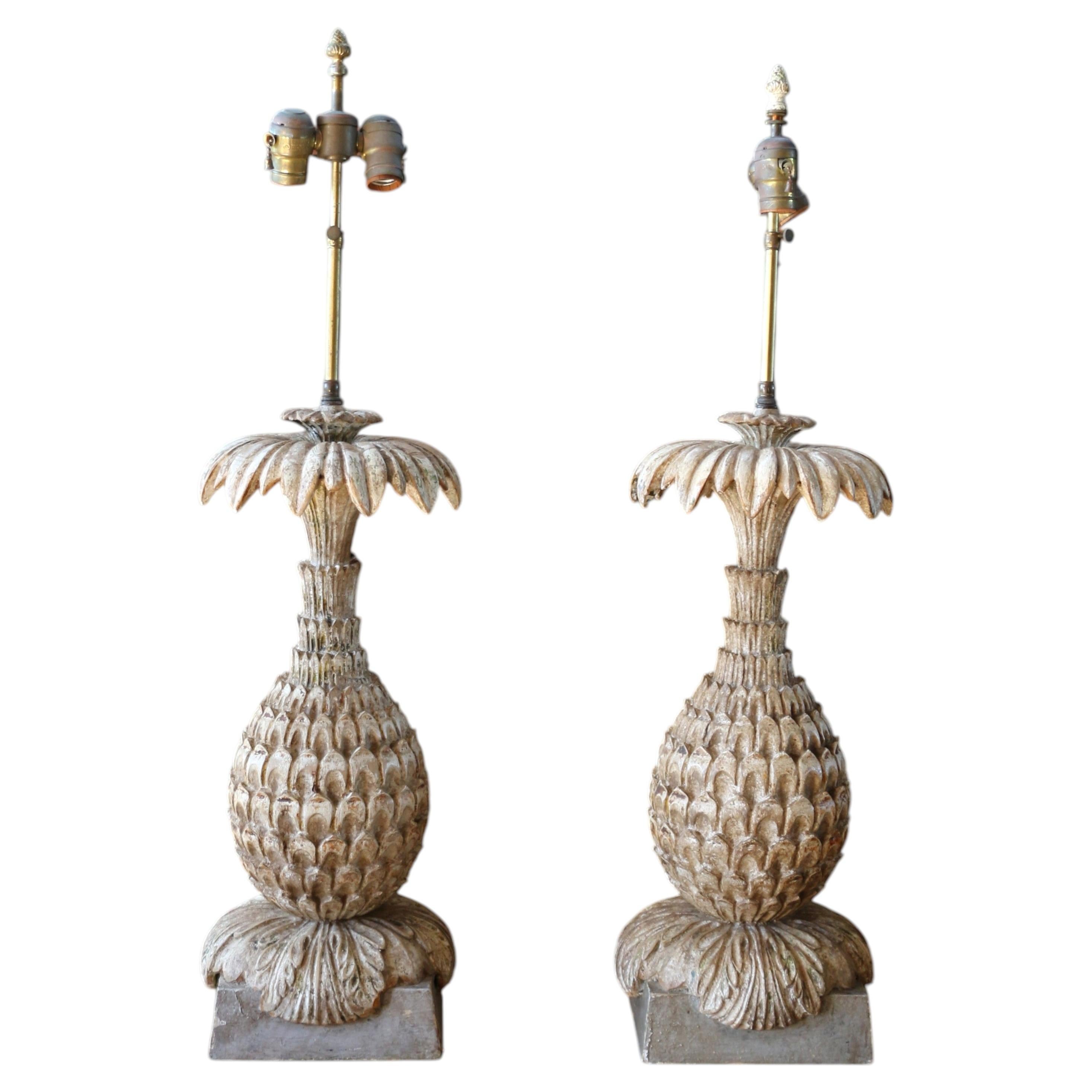 Vintage Italian Carved Wood Pineapple Table Lamps — Pair