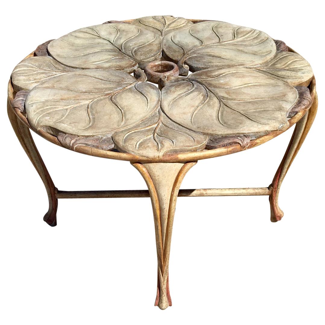 Vintage Italian Carved Wood Round Table with Large Leaf Table Top, 1970s