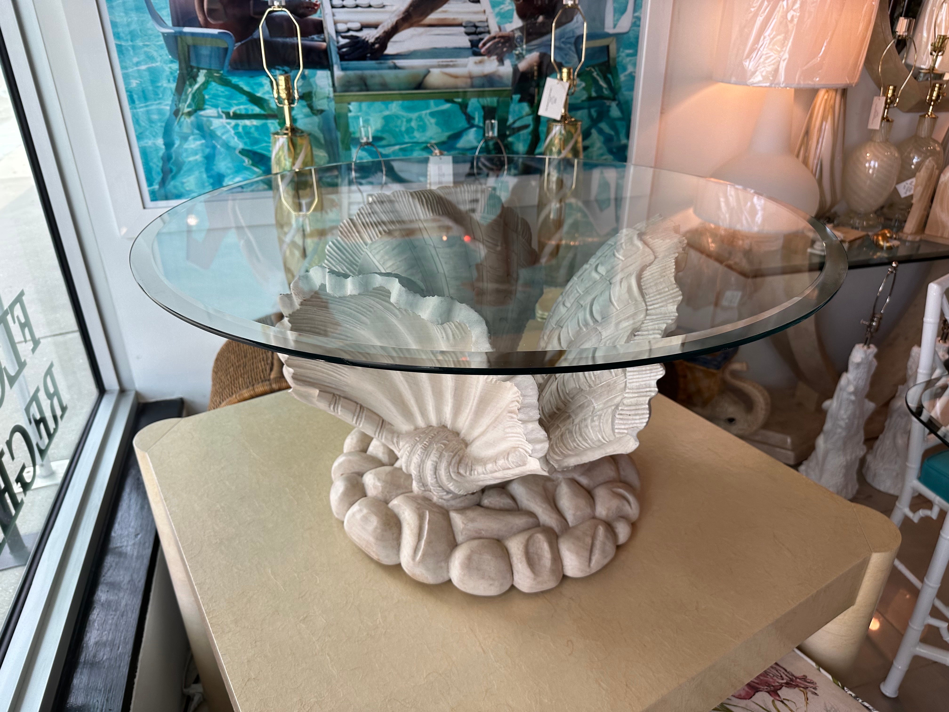 Beautiful vintage Italian 3 carved wood shell coffee cocktail table. Shown with glass but since the glass is vintage it has minor scratches and will not be included. If for some reason you do want it, just let me know. The glass shown is 36