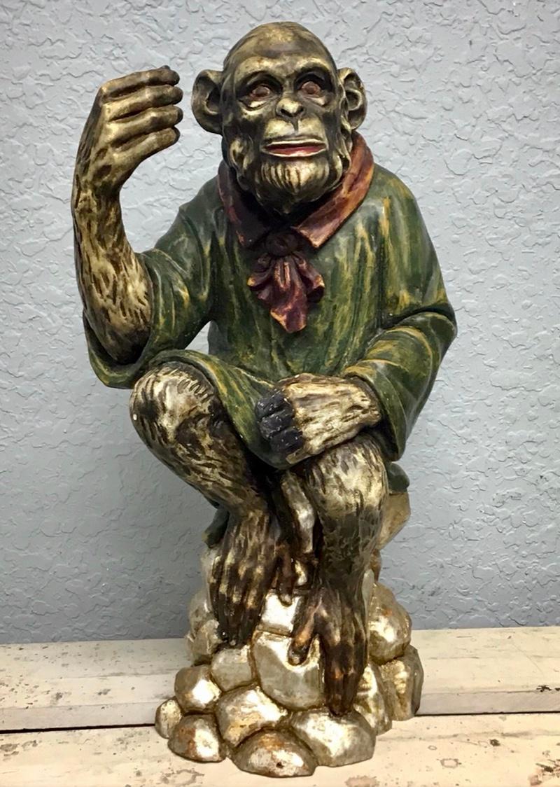 Vintage Italian Carved Wood Seated Monkey In Excellent Condition For Sale In Bradenton, FL