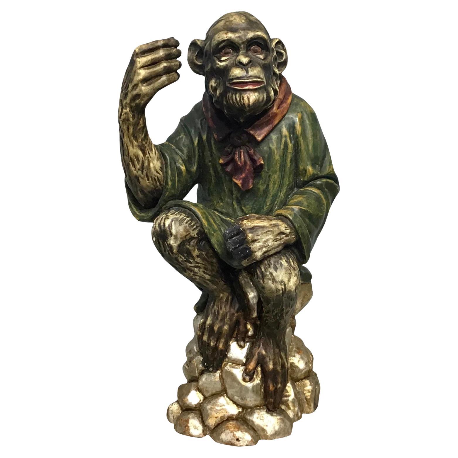 Vintage Italian Carved Wood Seated Monkey For Sale