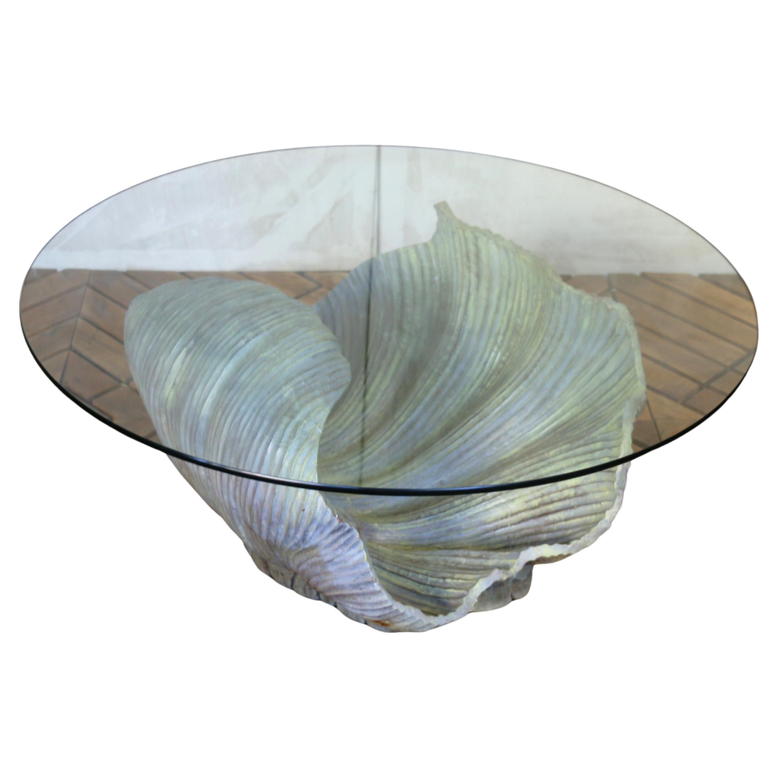 Vintage Italian Carved Wood Shell-Form Coffee Table With Glass Top, 1970s