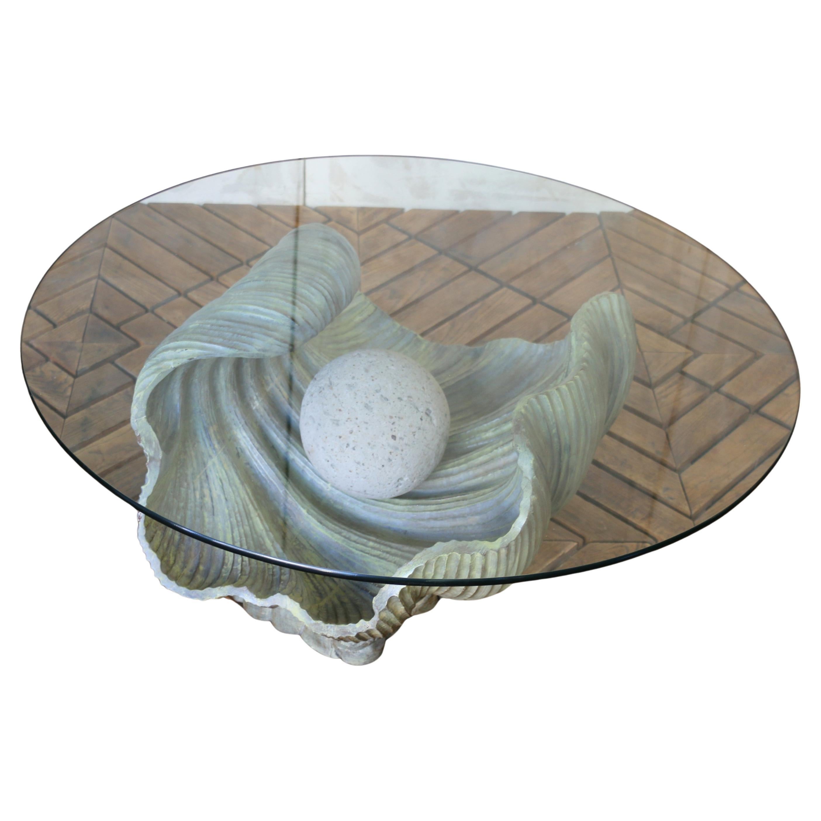 Vintage Italian Carved Wood Shell-Form Coffee Table With Glass Top, 1970s